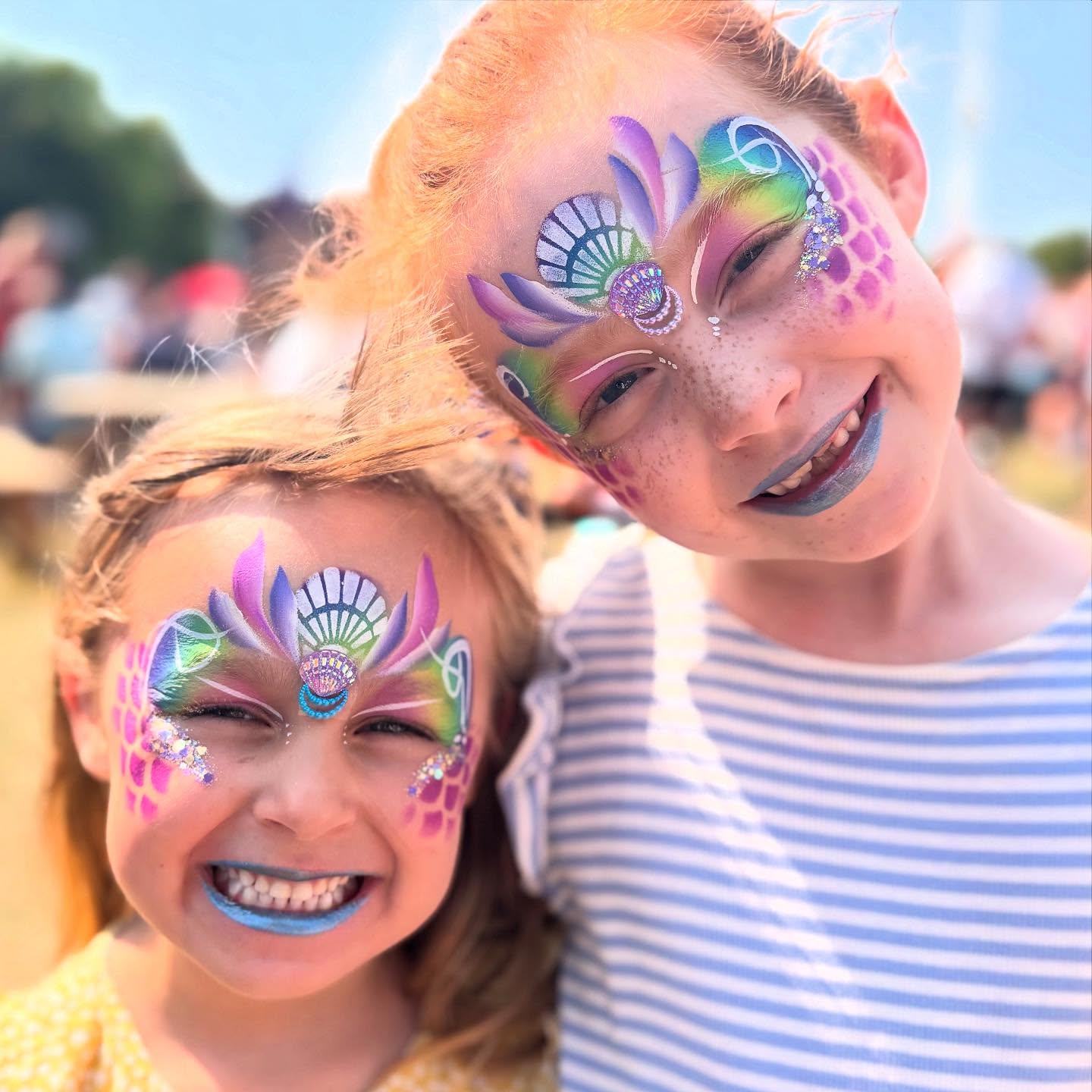 A couple of rainbow mermaids from @christchurch_carnivaluk yesterday!! What a fantastic weekend. Massive thanks to my helper @kamilla_haga for keeping me sane and bringing me coffee. We had so much fun. I’m back at @uptoncountrypark this week so come on down for face painting, henna and more ✨🤩