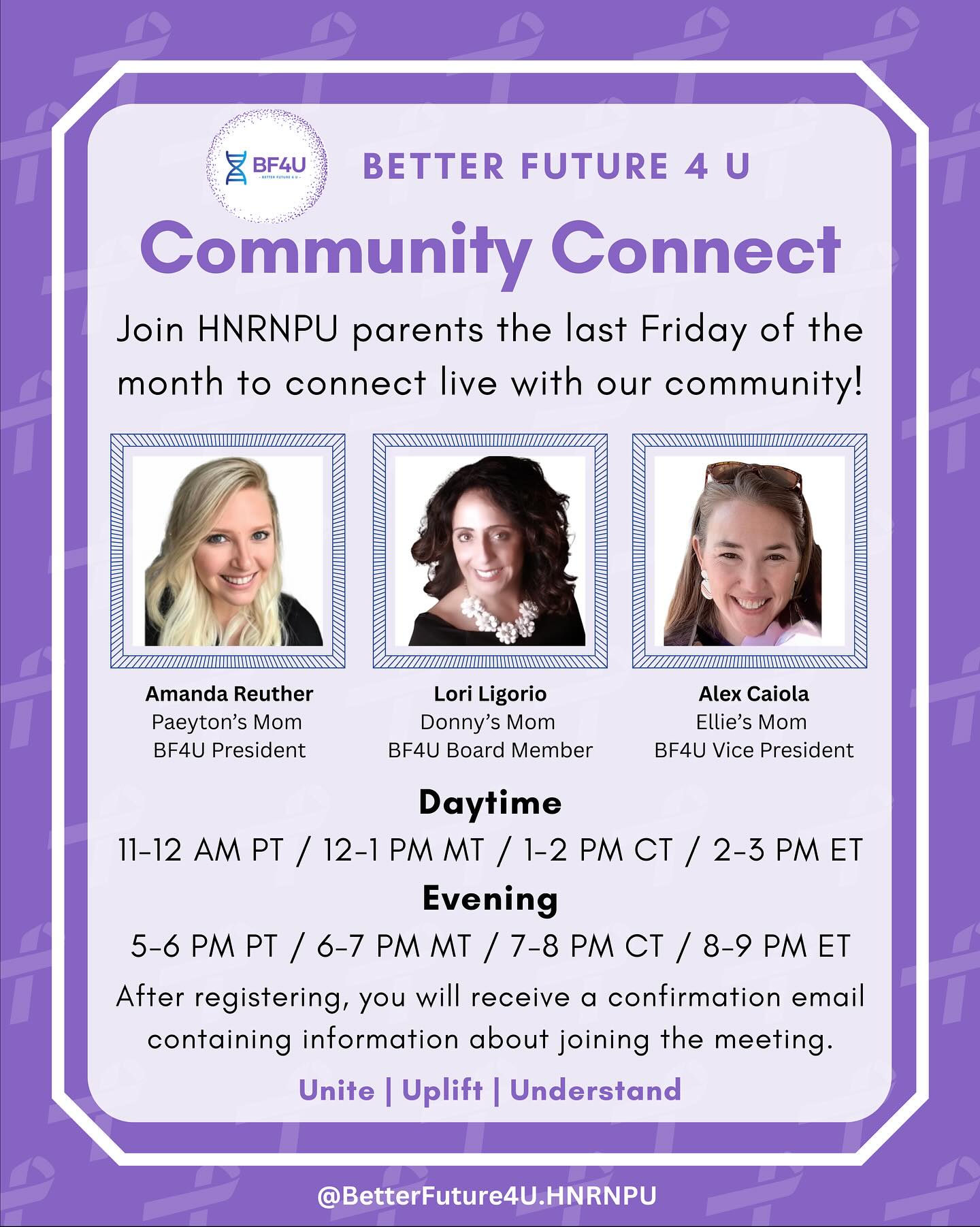 🌍💜 Community Connect is back! We enjoyed meeting so many of you in person last month in Ponte Vedra, and we’re excited to continue the conversations online. Join HNRNPU parents the last Friday of each month to connect live with our community.
✨ We’re offering both a Daytime and an Evening option so families across time zones can participate:
🕛 Daytime
11–12 PM PT | 12–1 PM MT | 1–2 PM CT | 2–3 PM ET
👉 Register here: Daytime Link: https://us02web.zoom.us/meeting/register/z4PWaAIrTpOrgp5yhJT4cQ
🌙 Evening
5–6 PM PT | 6–7 PM MT | 7–8 PM CT | 8–9 PM ET
👉 Register here: Evening Link: https://us02web.zoom.us/meeting/register/TPLWjv_aQfyESYC7wkBSTg
After registering, you’ll receive a confirmation email with all the details to join.
Let’s Unite | Uplift | Understand 💜
@BetterFuture4U.HNRNPU #RareDiseaseResearch #RareDiseaseAwareness #GeneticResearch #ResearchMatters #CureRare #RareDiseaseCommunity #StrongerTogether #UniteForRare #FamiliesForACure #PatientAdvocacy #HNRNPU #BF4U #RareNeurodevelopmentalDisorder #BetterFuture4U #CommunityConnect #Unite #Uplift #Understand