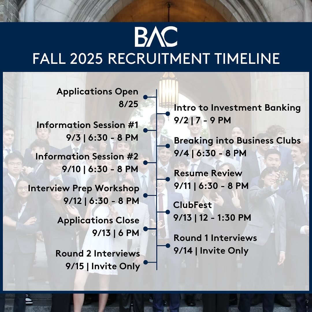 Banking at Cornell is excited to announce its Fall 2025 recruitment timeline! Looking forward to seeing you all at our upcoming events 🎉