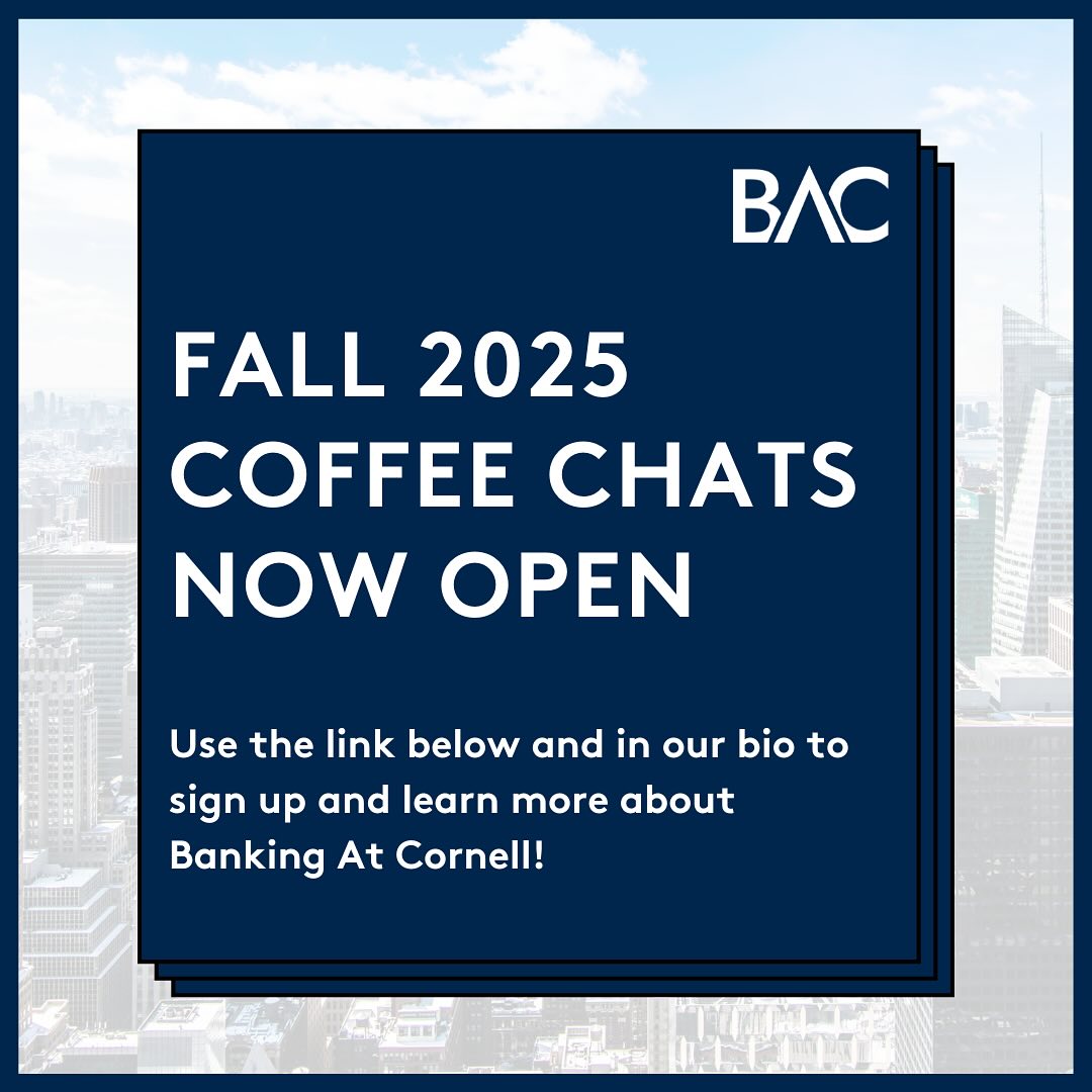Banking at Cornell is excited to announce that Fall 2025 Coffee Chats are now OPEN! Please use the link below and in our bio to sign up. We look forward to meeting you all soon!
Coffee Chat Form👇
https://docs.google.com/forms/d/e/1FAIpQLScNwXsz91xZ2gst0RFdYb0A7PUKK-jrBoYY1LUPbHyuFDQgTw/viewform
