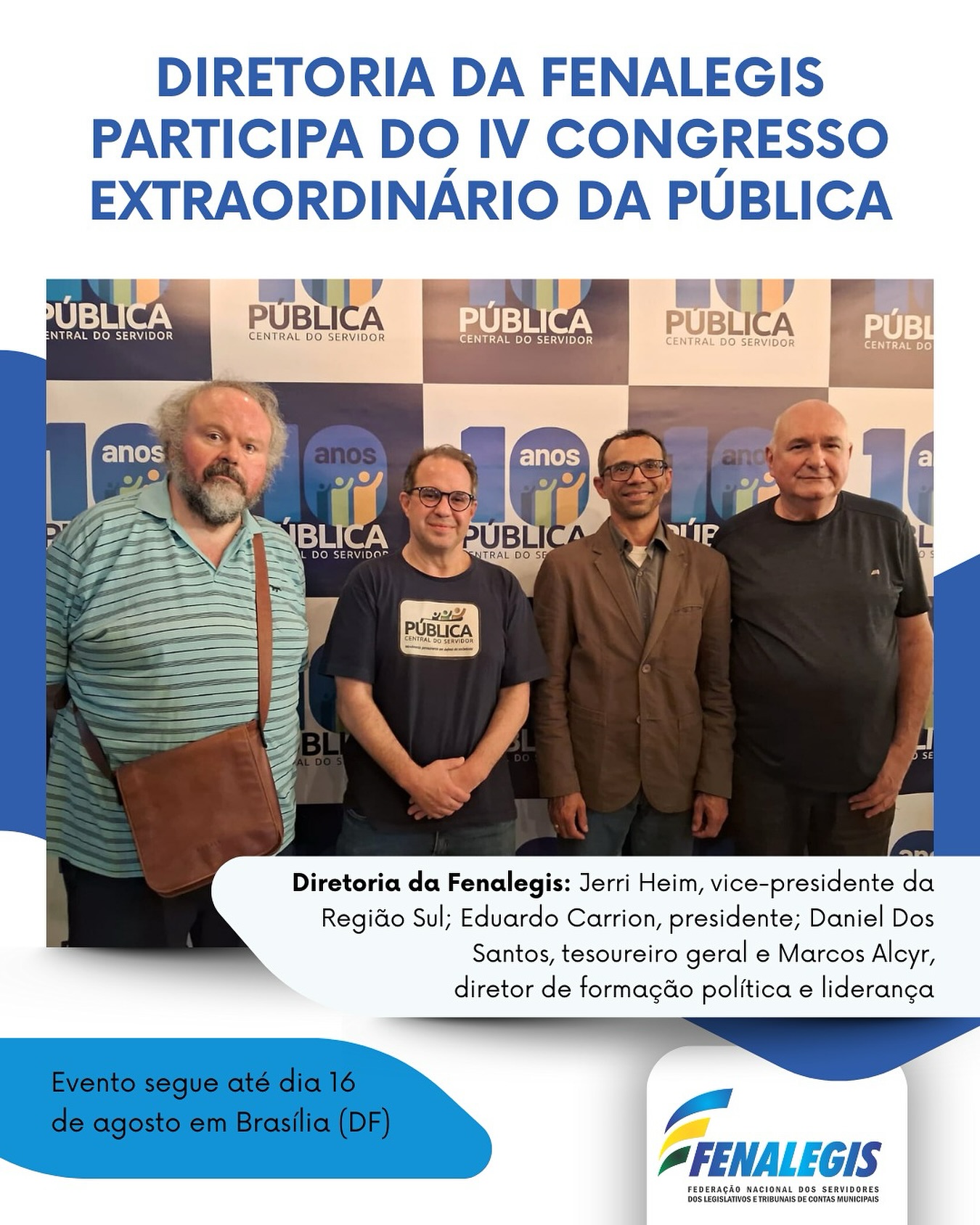 A diretoria da Fenalegis esteve em Brasília (DF), acompanhando a programação do IV Congresso Extraordinário da PÚBLICA - Central do Servidor.
Os debates abordaram temas como o papel do servidor público na defesa do estado democrático, desafios e avanços na defesa dos direitos dos servidores, aposentadoria e previdência e a tecnologia no setor público.
“Com certeza será um congresso muito proveitoso e de reflexões importantes. Viemos para nos atualizar e levaremos os debates para frente”, diz Carrion, presidente da Fenalegis.
.
.
#fenalegis #publica #servidorpublico #servidorlegislativo #servidormunicipal