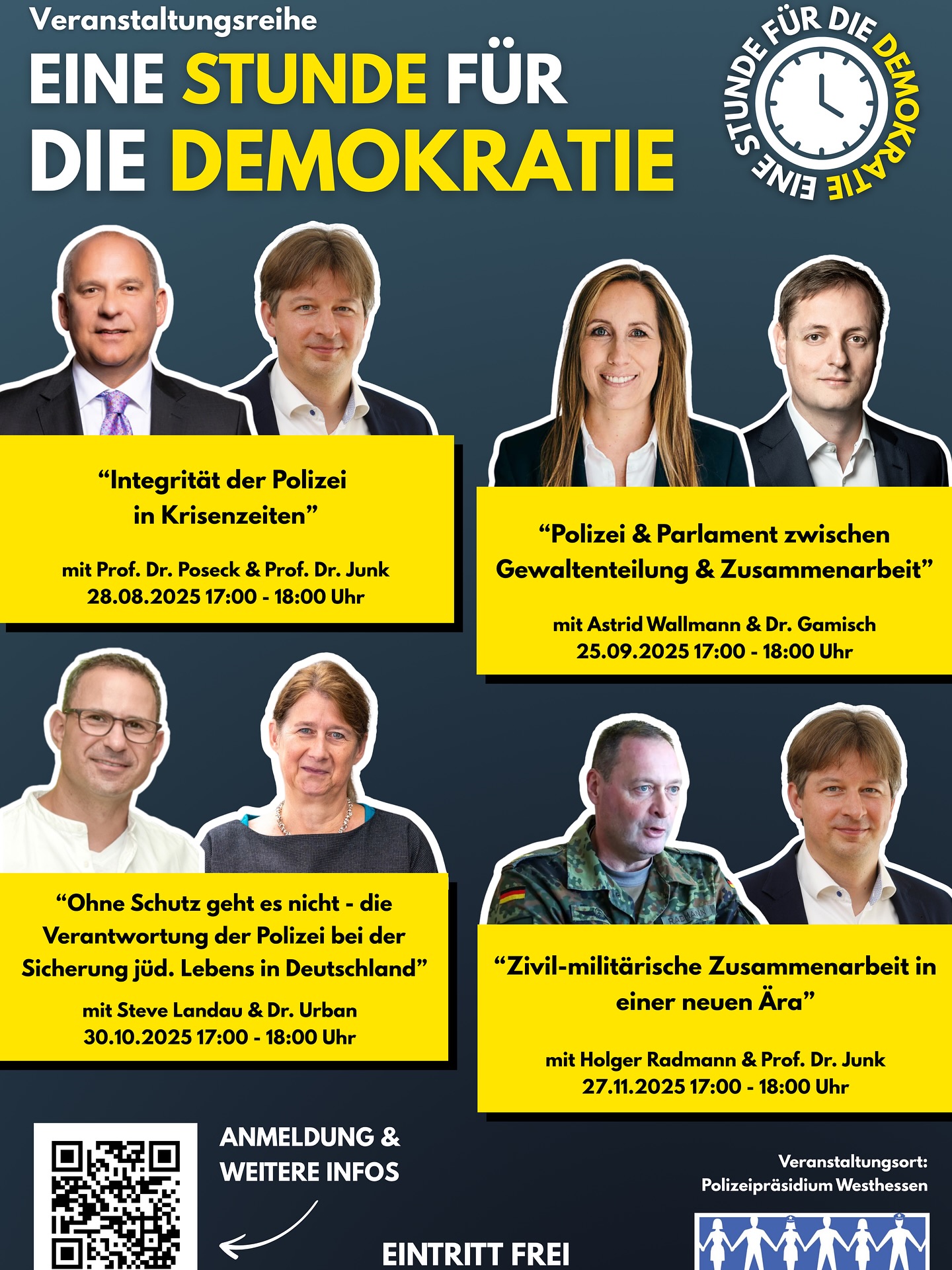 Die Gesellschaft Bürger und Polizei e. V. startet in diesem Sommer unter dem Motto „Eine Stunde für die Demokratie“ eine außergewöhnliche, vierteilige Veranstaltungsreihe. Ziel ist es, verschiedene gesellschaftlichen Diskurse rund um das Thema „Sicherheit“ und „Polizei“ aufzugreifen und der Bevölkerung nahbar zu machen. Hierzu ist es gelungen, hochkarätige und fachkundige Rednerinnen und Redner zu gewinnen, die aus verschiedensten Themenbereichen Einblicke in die Rolle der Polizei in der heutigen Gesellschaft geben können. Sämtliche Veranstaltungen stehen allen Interessierten offen. Der Eintritt ist frei.
Die Anmeldung sowie weitere Informationen findet Ihr auf www.buerger-polizei.de 🚨