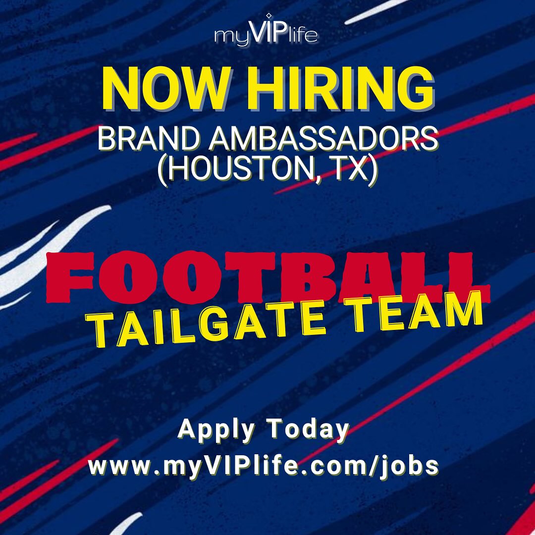 The Kickoff Party 🏈 Join Our Football Tailgate Team of Brand Ambassadors This Season!
Now hiring fun and exciting individuals to represent a popular international consumer brand at multiple professional football games in Houston.
Learn More & Apply: www.myVIPlife.com/jobs