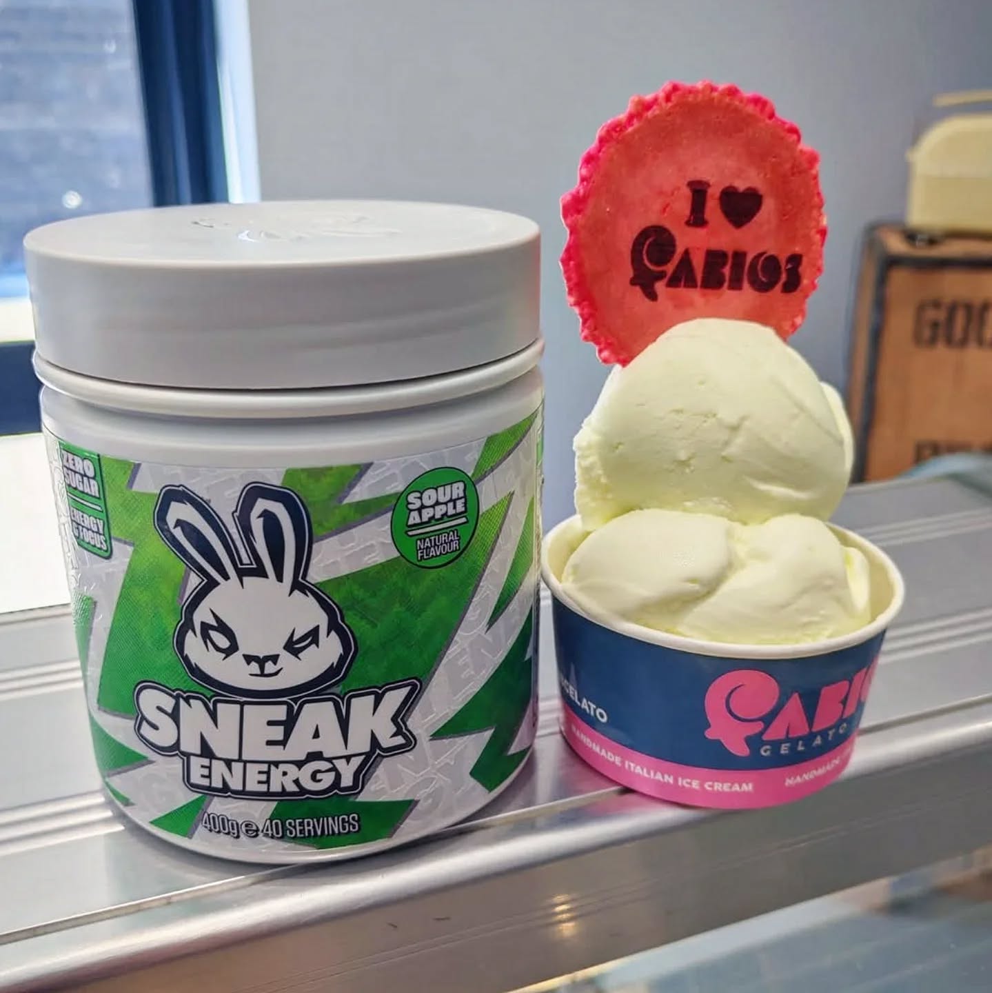 Sneak Apple Sour Sorbet available in Letchworth today. Contains Caffeine! #gelato #icecream #hitchin #letchworth #familybusiness #willywonka #sneak #sneakenergy @sneakenergy