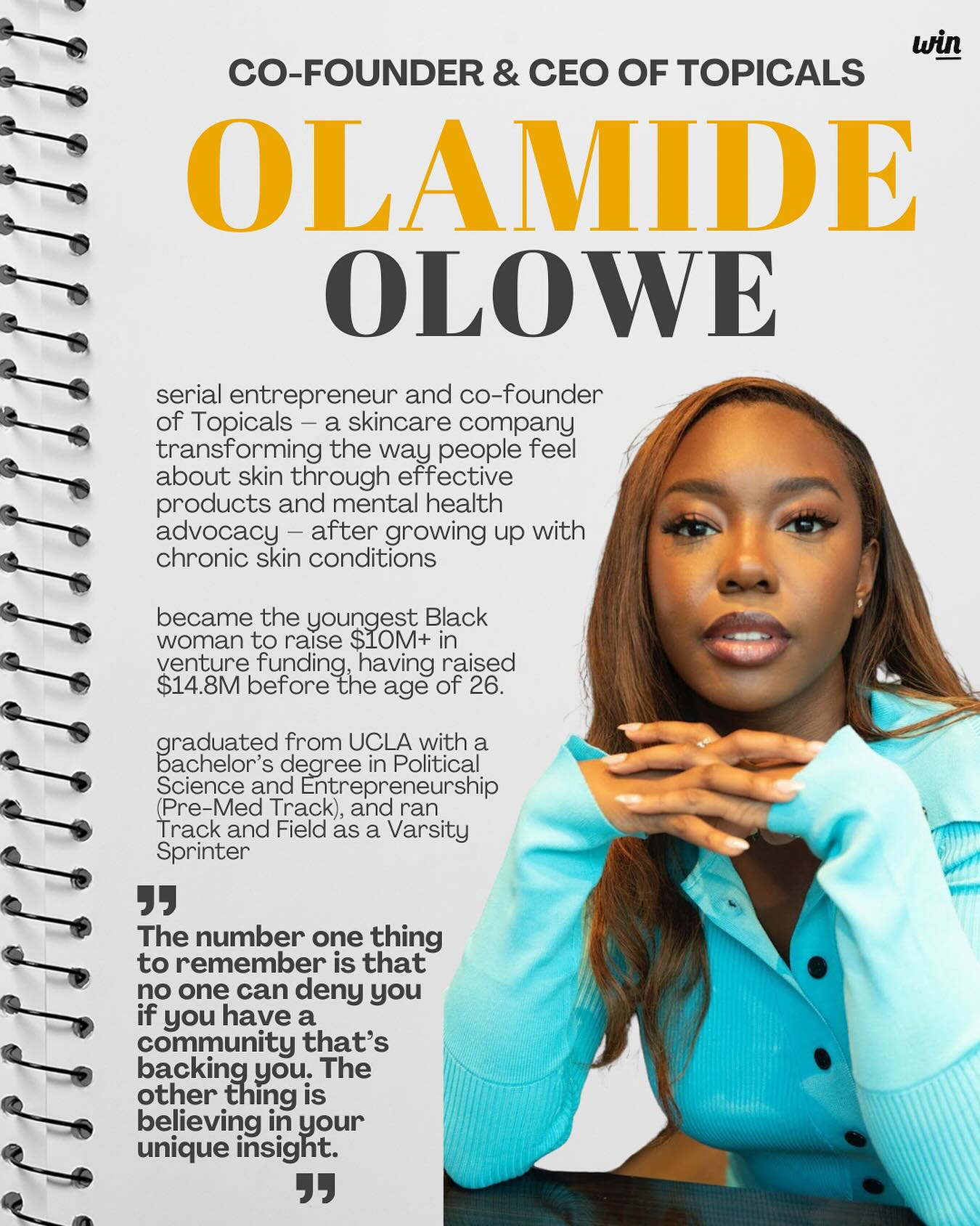 💼Women in Business Wednesdays💼
This week we’re shining the spotlight on Olamide Olowe — Co-founder and CEO of Topicals.
Olamide is an entrepreneur who formerly co-founded SheaGIRL in partnership with Shea Moisture, before creating and leading Topicals — a highly popular skincare company that is transforming the way you feel about skin through effective science-baked products and mental health advocacy — which became Sephora’s fastest growing brand in 2022, selling one product per minute.💫
Share a woman in business who inspires you that you’d like to see featured next! ⬇️