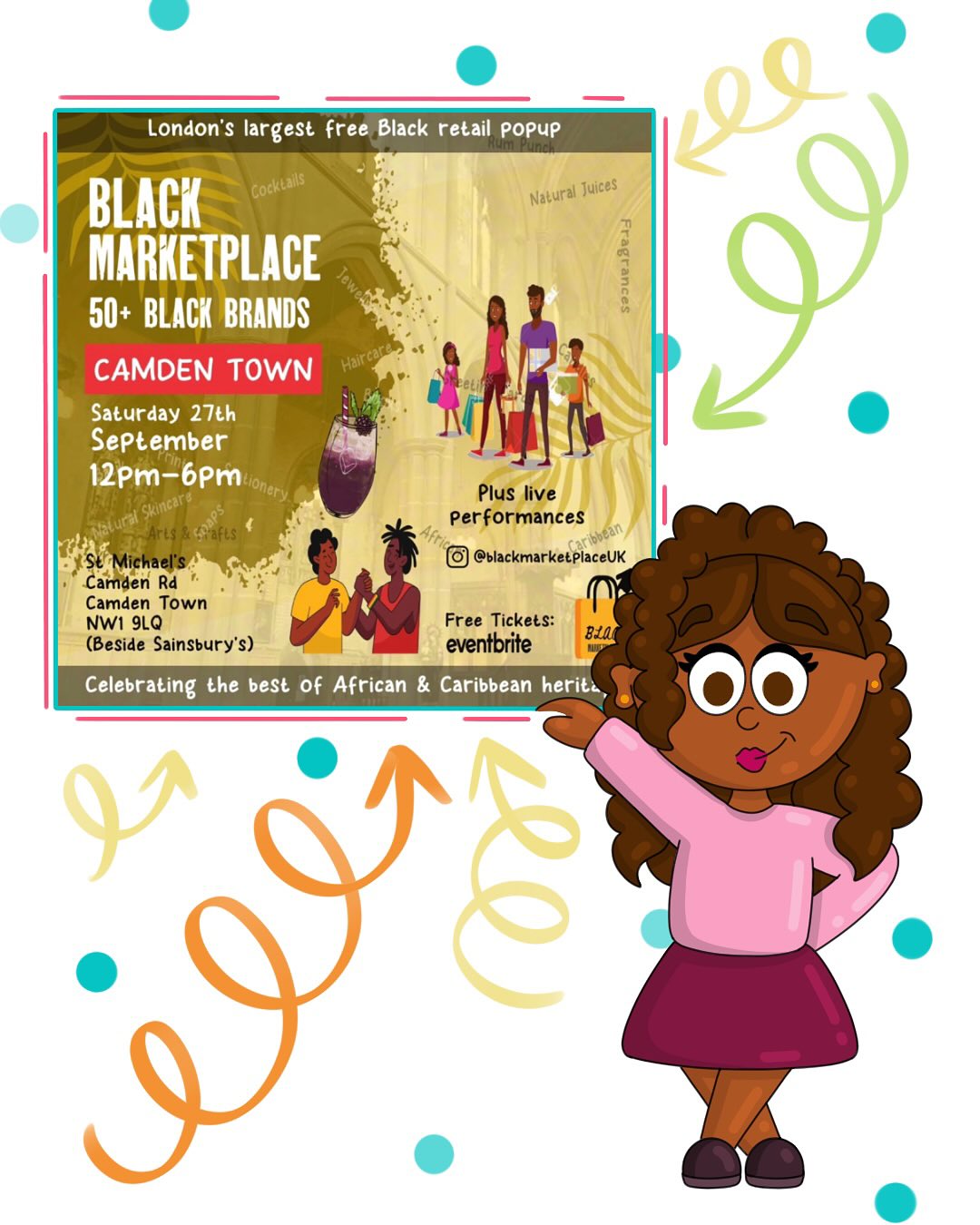 Eeekk only ✨39days to go!!✨ 😬😜🥳 Until my very FIRST POP UP 😜
Experience the Best of Black British at the Big Black Marketplace Pop-Up, Camden 😎
Join us in the heart of 🥰 Camden Town celebrating the rich culture, creativity, and heritage of Africa and the Caribbean!
Shop Black-Owned – Discover fashion, jewellery, candles, art, natural skincare & haircare, home decor, and unique handmade gems from 50+ talented Black British entrepreneurs.
Plus live performances, steelpan, and delicious African & Caribbean cuisine.
Who? 🤨 When? 😳 Where? 🤔 How? 🫤 I hear you ask 🧐
🛍 50+ Black brands.
📅 Date: Saturday 27th September 2025, 12pm-6pm.
📍 Location: St Michael’s, Camden Rd, Camden Town, London NW1 9LQ.
🎟 Entry: Earlybird tickets are FREE from @blackmarketplaceuk
✨
✨
✨
#blackmarketplaceuk #shopblack #popupevent #popupevents #blackownedbusinesses #savethearts #blackbusinessowner #camdentown #popupstore #savethedates #bookartist #smallbizlove #smallbizowners #oneforthebooks #blackowned #blackownedevent #blackownedproducts
