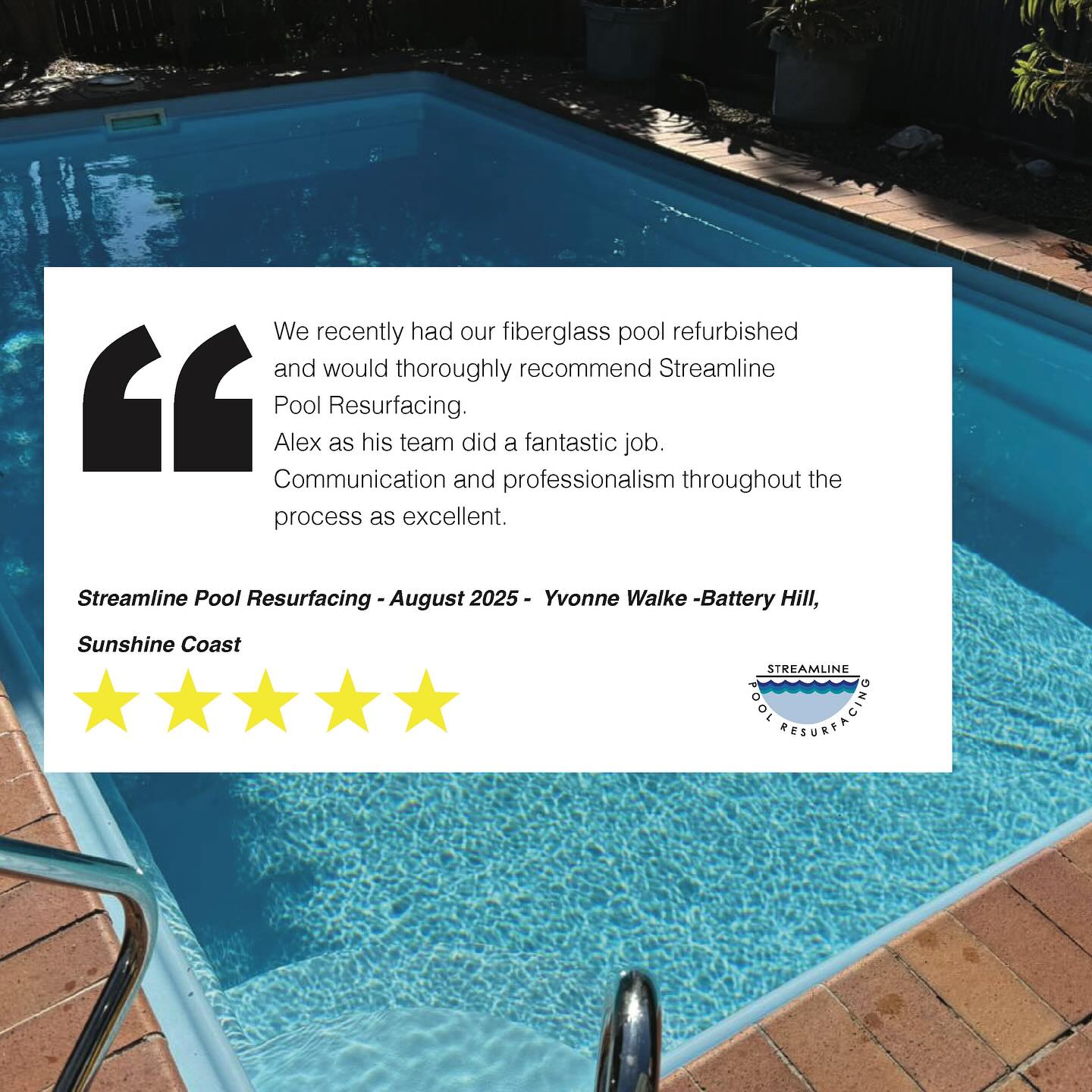 A recent review from one of our customers in Battery Hill on the Sunshine Coast.
⭐️⭐️⭐️⭐️⭐️
.
.
.
#streamlinepoolresurfacing #swimmingpool #resurface #investment
#customerreview #feedback #review #fivestar