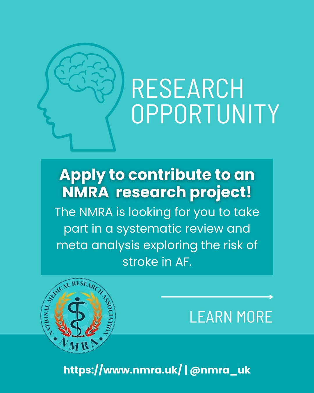 🚨 Research Opportunity with NMRA! 🚨
Interested in cardiology?
We’re recruiting 2 motivated individuals to join our next research project:
A systematic review & meta-analysis on stroke risk in atrial fibrillation.
Gain experience in:
✔️ Literature search & screening
✔️ Risk of bias assessment
✔️ Data gathering & analysis
Benefits:
Skill development
Publication & presentation opportunities
Future collaborations with the NMRA team
🗓️ Apply by 3rd September 2025, 23:59 via the link below, and in our link tree under “SRMA Application”!
https://forms.gle/fiqEwAC7CSz8JHDm6