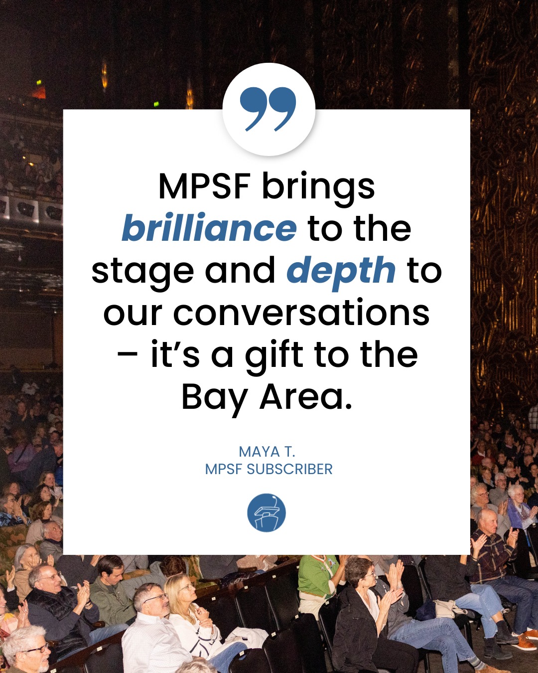 There’s nothing quite like MPSF nights. Brilliant minds, thought-provoking conversations, and a community that thrives on curiosity. It’s one of the Bay Area’s best-kept gifts with three amazing venues: Marin, Oakland, and the Peninsula (San Mateo).
Join us for the 2025-2026 season! Tickets available at speakerseries.net. Seats are limited.