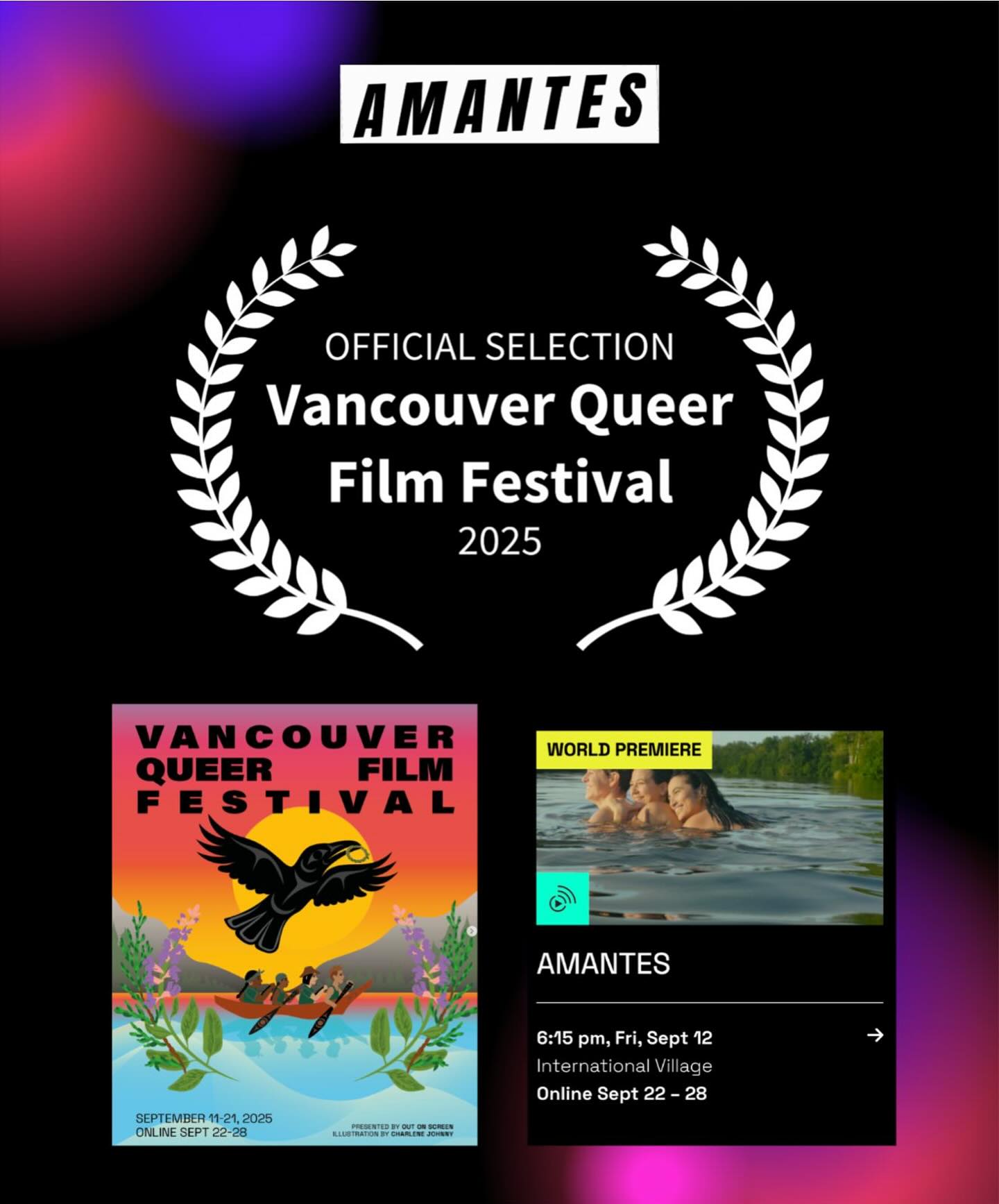 Notre rêve devient réalité ! AMANTES va commencer son voyage dans le monde 🗺️
Notre première projection en festival international sera à Vancouver 🥰🤩 au @queerfilmfest ! Nous sommes fières 😊 et reconnaissantes 🙏🏻
Nous vous tiendrons au courant de toutes les dates notamment en France 😃😍
#lesbienne #queerfilm #filmfestival #actress