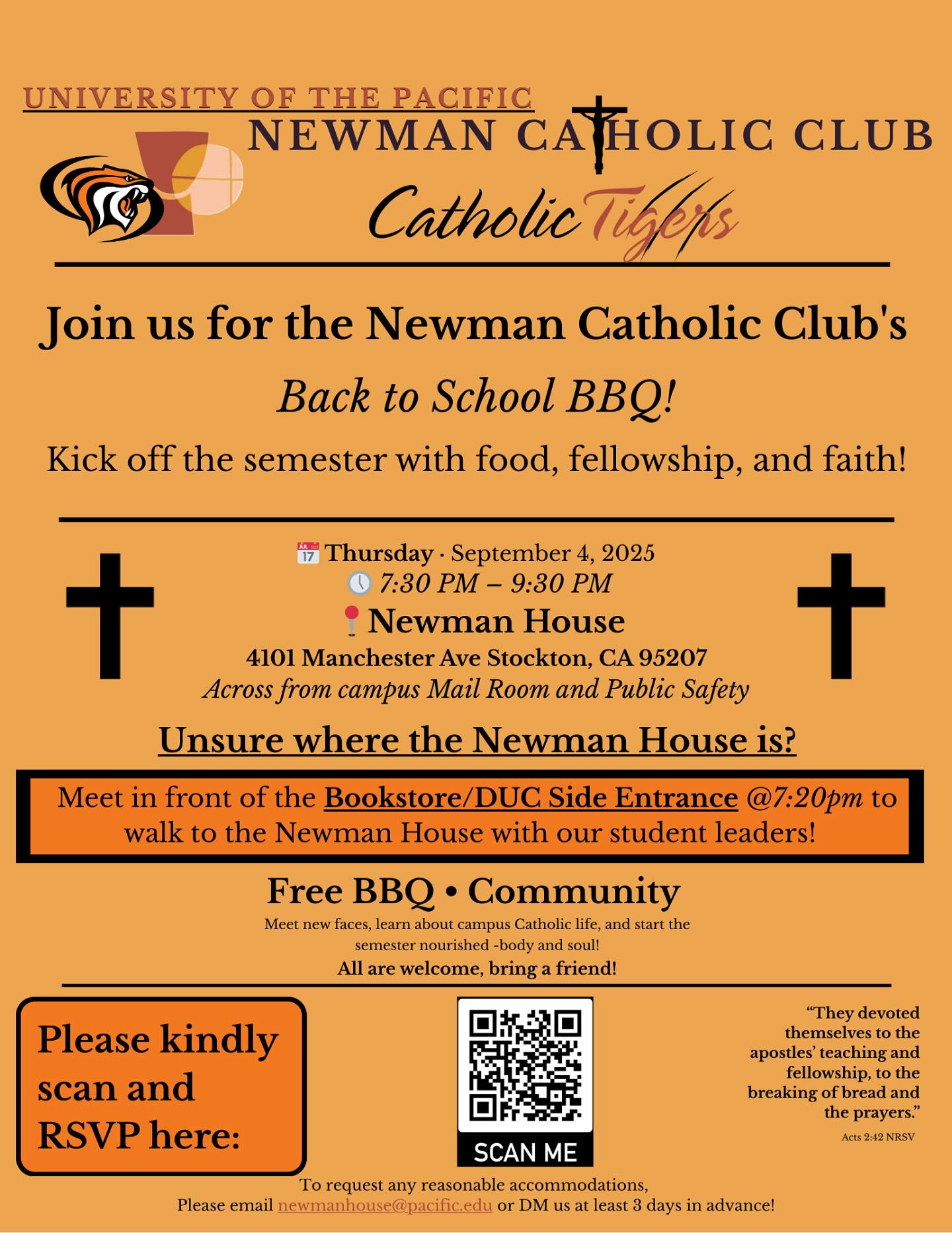 Happy Sunday!
The Newman Catholic Club invites you to our Back to School BBQ for a night of food and faith! All are welcome❤️
📅Date: Thursday, September 4th, 2025
🕜Time: 7:30pm - 9:30pm
📍Location: Newman House, 4101 Manchester Ave, Stockton, CA 95207
✝️RSVP FORM IS LINKED IN OUR INSTAGRAM BIO✝️
We hope to see you there 🙏❤️