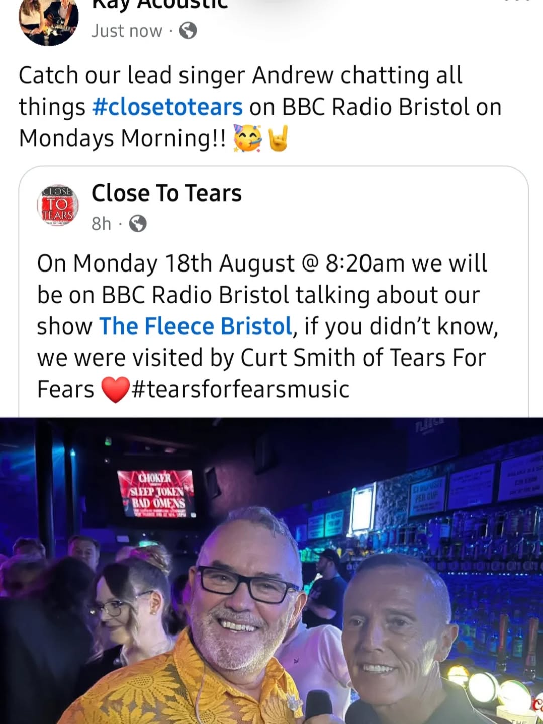 Andrew is sowing the seeds of love on BBC Radio Bristol from our most recent gig at @fleecebristol chatting about all our upcoming gigs and ventures! 🥳🤘🎶 #closetotears #tearsforfears @tearsforfearsmusic #tributeband