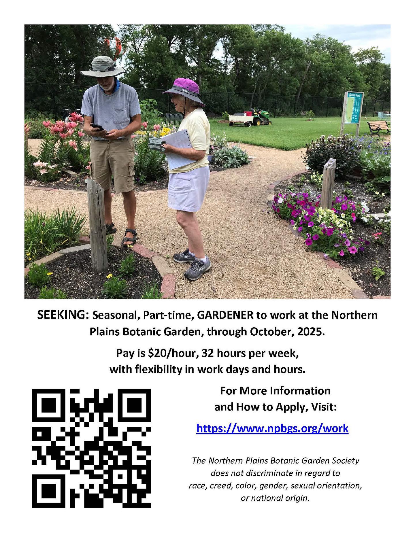 Seeking Seasonal, Part-time GARDENER to work at the Northern Plains Botanic Garden. For more information & how to apply: https://www.npbgs.org/work .
