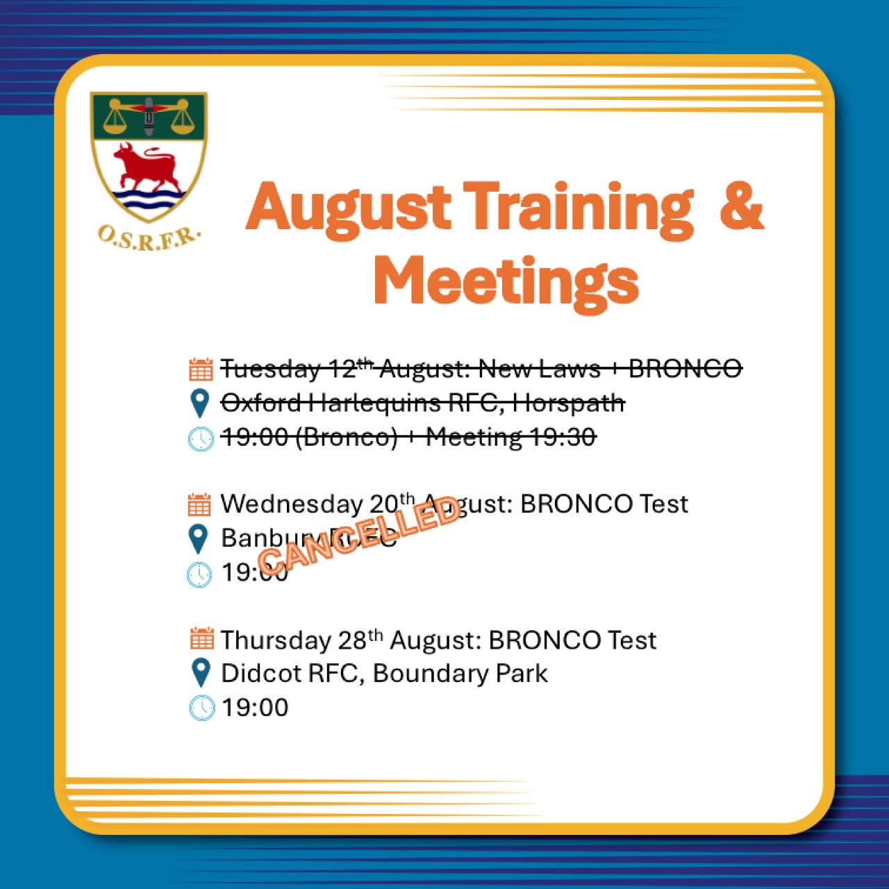 CANCELLED!
No… not us - the Bronco. Due to lack of numbers, tonight’s Bronco test at Banbury is cancelled.
The next opportunities will be next Thursday at Didcot or Wed 23rd September before the training meeting at Wallingford.