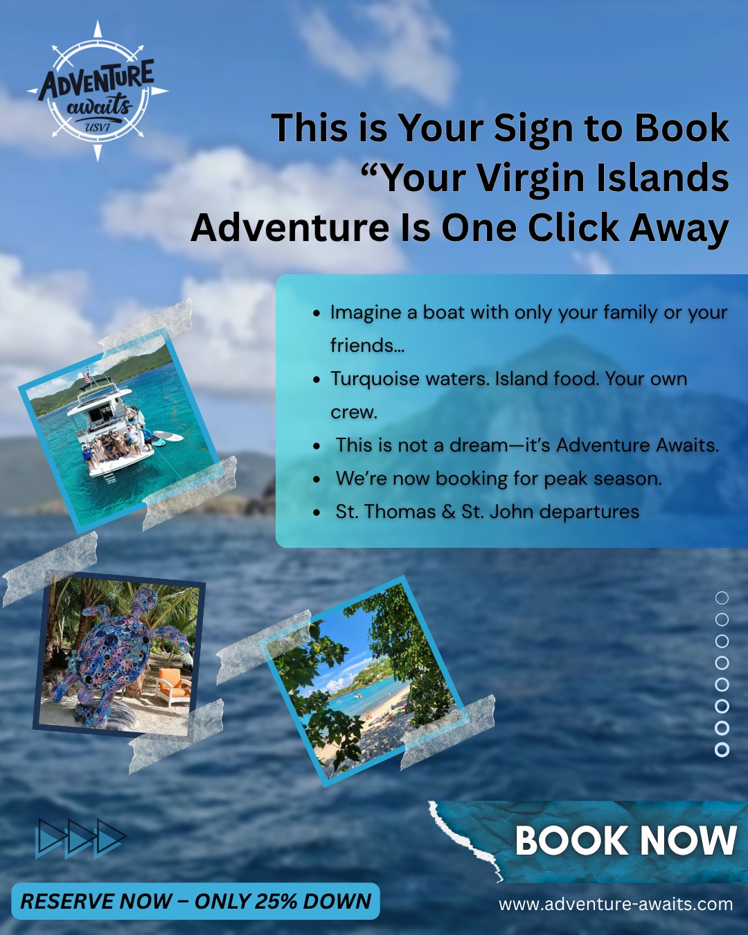 🌴 Private Paradise Awaits You
Sail the Virgin Islands with just your closest crew — no crowds, just crystal-clear waters, island flavors, and unforgettable vibes. 🛥️🌊🍍
📍 Departing from St. Thomas & St. John
🎉 Now accepting peak season bookings!
🍽️ Your crew. Your menu. Your island adventure.
📲 Tap to reserve your escape: www.adventure-awaits.com
Reach out today!
📧 Email: AdventureAwaitsusvi@gmail.com
📞 Phone: 340-203-9464
#ExploreMore #WanderlustVibes #AdventureTime #TravelGoals #DiscoverEarth #LiveForAdventure #TravelMoreWorryLess #NatureLovers #CreateMemories #BucketListAdventures #GoExplore #WanderMore #ExploreToCreate #TravelGram #SeekAdventure #LifeWellTraveled #OutdoorVibes #MakeMemories #ExploreDiscoverCreate #NatureIsCalling See less