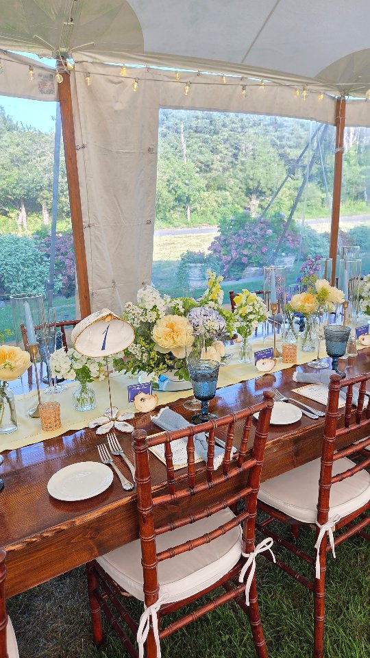 Still classic, still coastal, and it won't blend into the background. You can do this just for the Reception or use it everywhere, but you can be sure it won't look like every other coastal event 💛
.
Vendors:
Venue @the_dennisinn
Photos @shannonrojee
Glam @mariarosehairandbeauty
Band @hitplay_partyband
Tent @undercovertent
Transportation @capedestinations
Dress @alexandrasbridalboutique
Florals @gardenpartycapecod