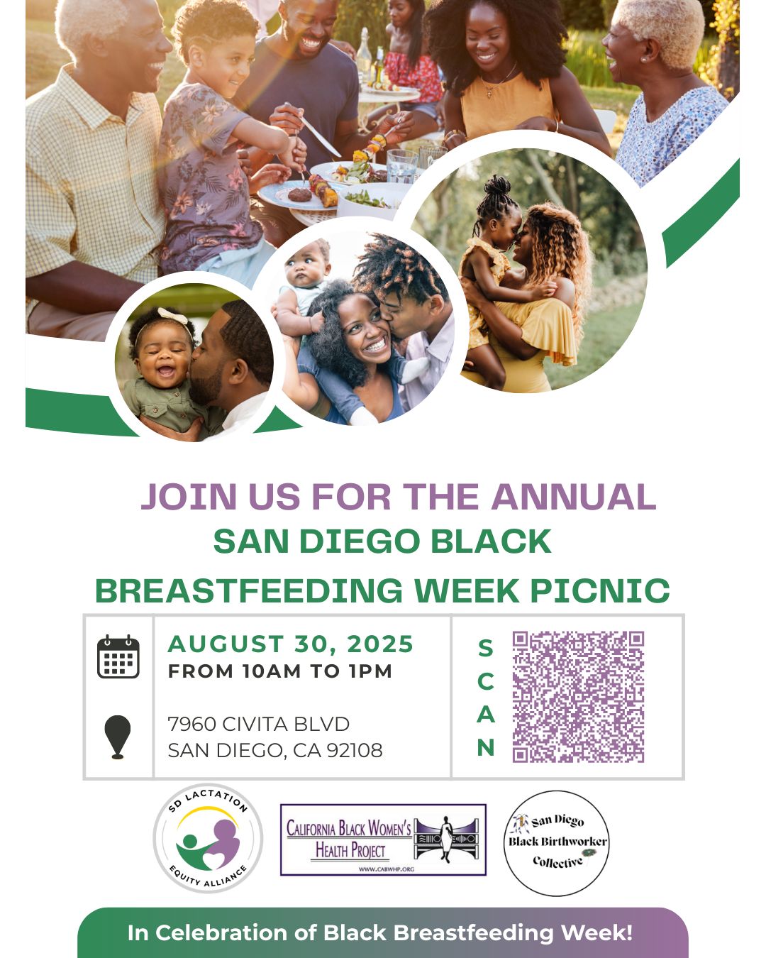 Join us for our San Diego Black Breastfeeding Week Community Picnic on Saturday, August 30th from 10am–1pm at Civita Park!
RSVP on Eventbrite so we know you’re coming
And please help us spread the word by sharing this flyer with your networks
💜
#BlackBreastfeedingWeek #SanDiegoFamilies
