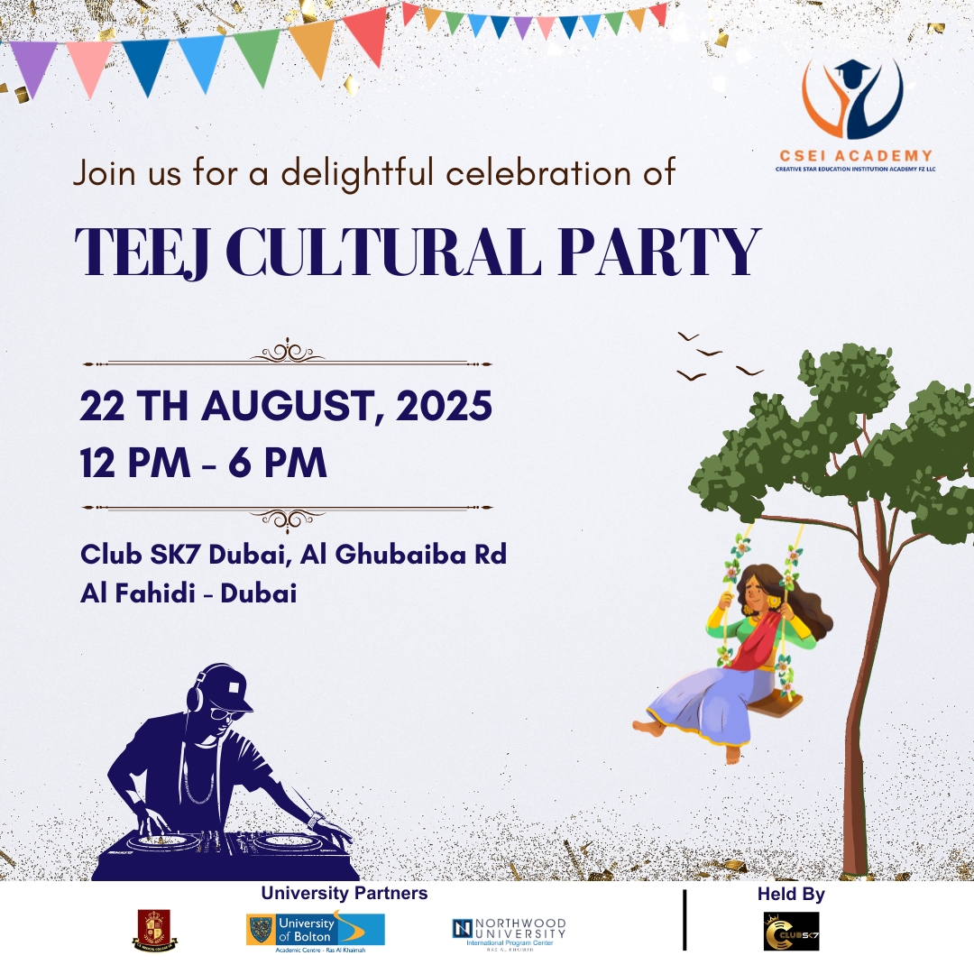 Get ready to dance the night away!
Join us at the Teej Cultural Party with a power-packed DJ Party that will keep you on your feet all evening! 🥳
Club SK7 Dubai, Al Ghubaiba Rd Al Fahidi - Dubai
22nd August, 2025 | 12 PM – 6 PM
Culture, Celebration & Non-stop Beats – Don’t Miss It! 🎊
#cseiacademy #studyindubai #teejcelebration #teejparty #dubailife