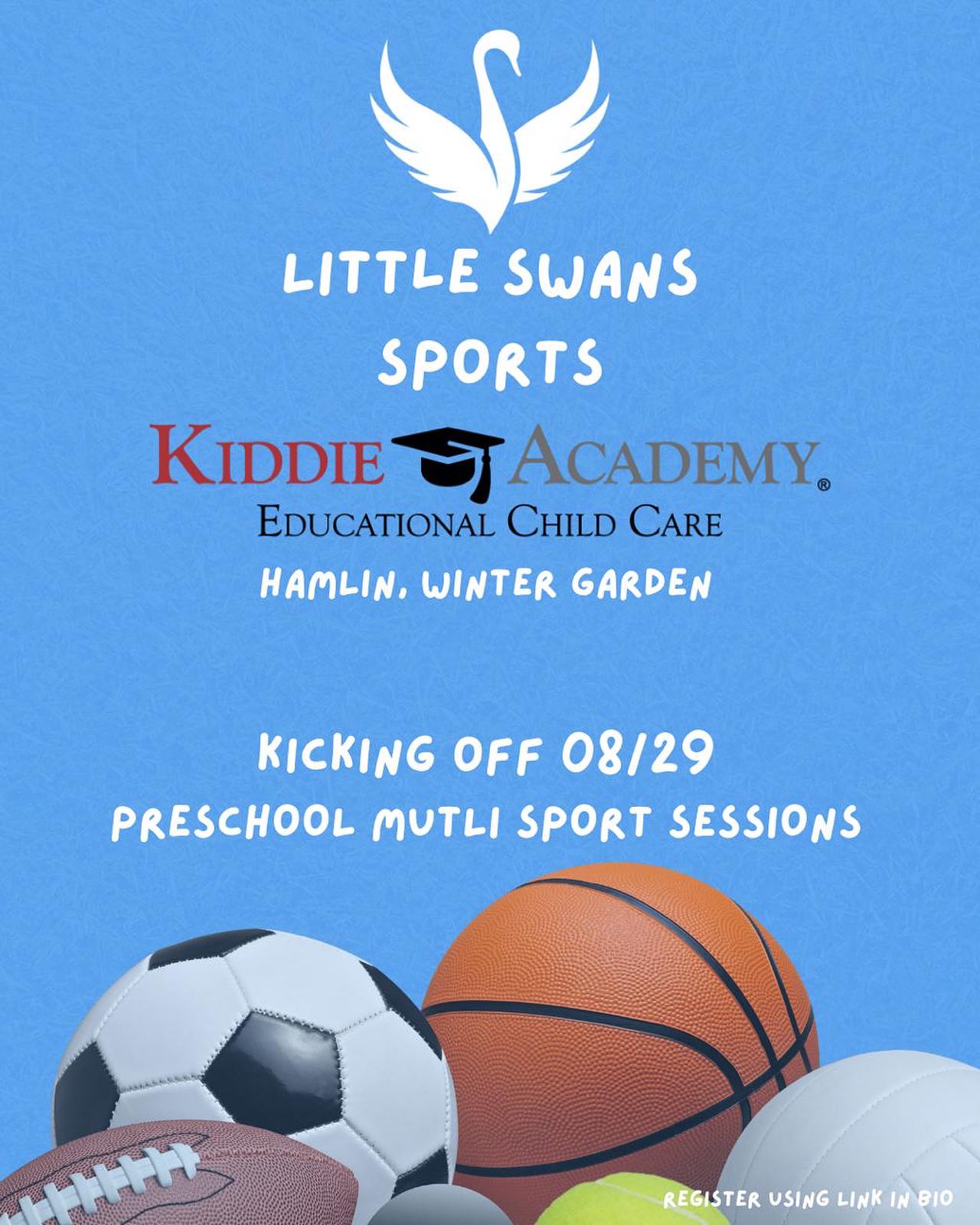 Registration is now open!! 👏🏻 Multi Sport preschool sessions for 3s and 4s at Kiddie Academy Winter Garden! The 8 week season kicks off next Friday August 29th!! We can’t wait to get started! ⚽️🏀🏈🏉LINK IN BIO
