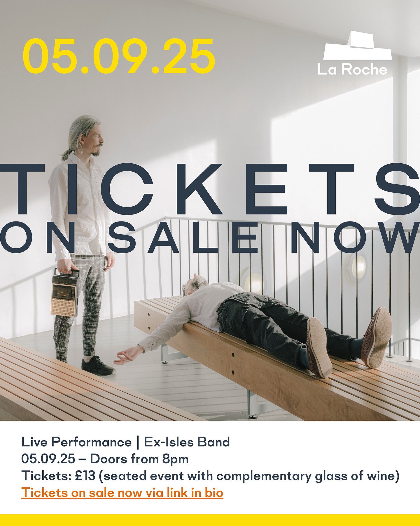 Tickets available now via the link in the bio 🫡
Ticket price is £13. The event is seated and includes a complementary glass of wine. Doors open for the music from 8pm.
Ex-Isles is an avant-pop duo of singer/composer Peter Devlin and experimental composer Jamie Thompson (Adjunct Ensemble). The swooning fatalism of their songs explore the hypocrisies of nationalism, the tragic figures of the displaced, and our growing alienation from agency over our lives under capitalism. Their sound, on albums Luxury Mass (2018) and Domestic Sacraments (2023), is a nod to enigmatic pop figures like Scott Walker, David Sylvian, and late-era David Bowie; a captivating blend of slippery arrangements and crooning baritone.
@ex.isles
The space is also open to the public beforehand (4pm-8pm) for an art exhibition by Irish artist Ruairi Fallon. His new exhibition ‘Scattered Broken Maybe’ at La Roche House will showcase a kaleidoscopic world of colourful woodblock prints, created in Vietnam, where the artist now lives and works.
@ruairifallon