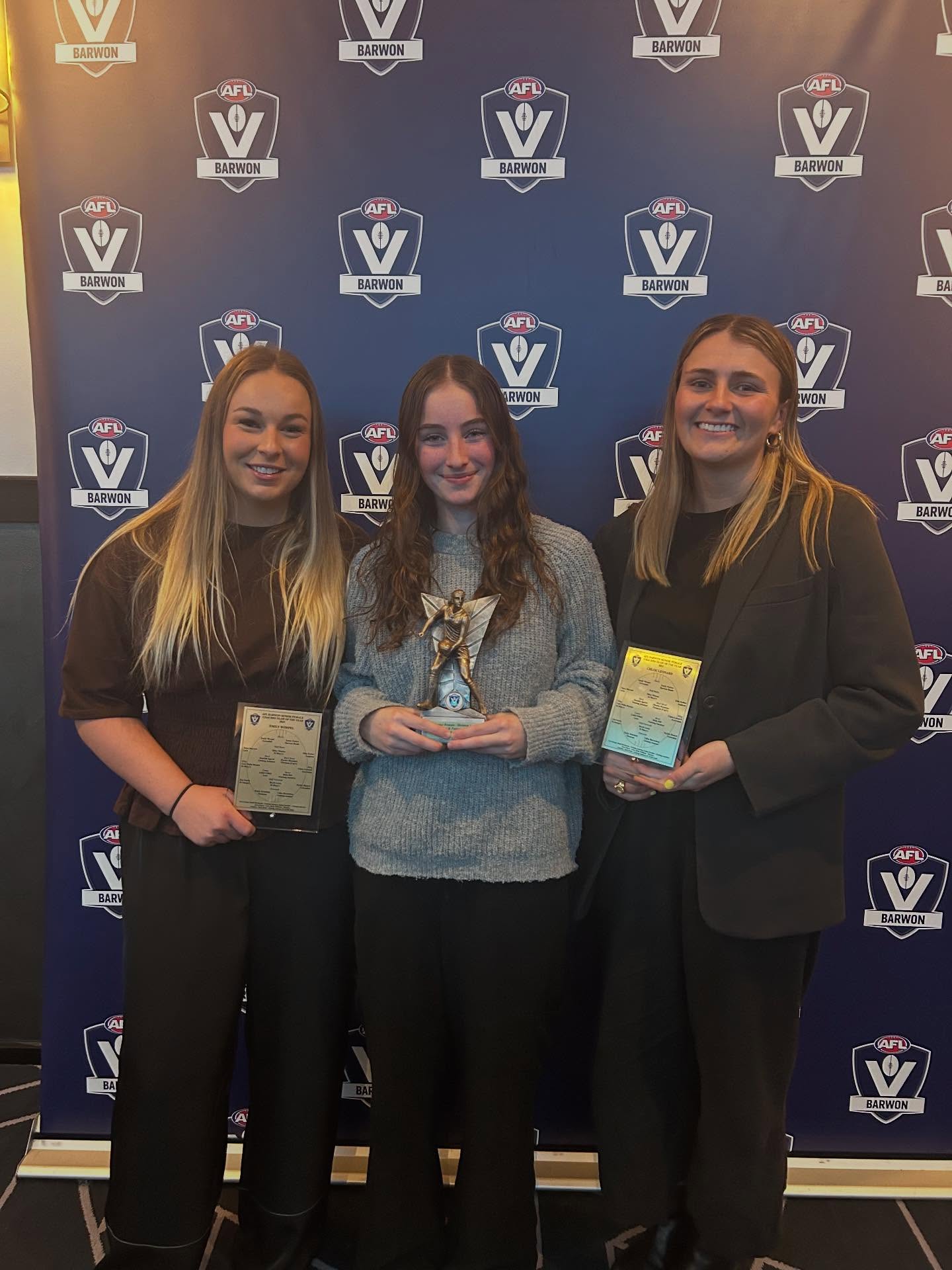 A great night for the Grovedale Girls at the AFL Barwon Senior Female vote count. Congratulations to Ella McDonald - Runners Up Division 1 Best & Fairest and Taylah Hassett, Chloe Leonard and Emily Worpel - Senior Female Team Of The Year 💛🖤