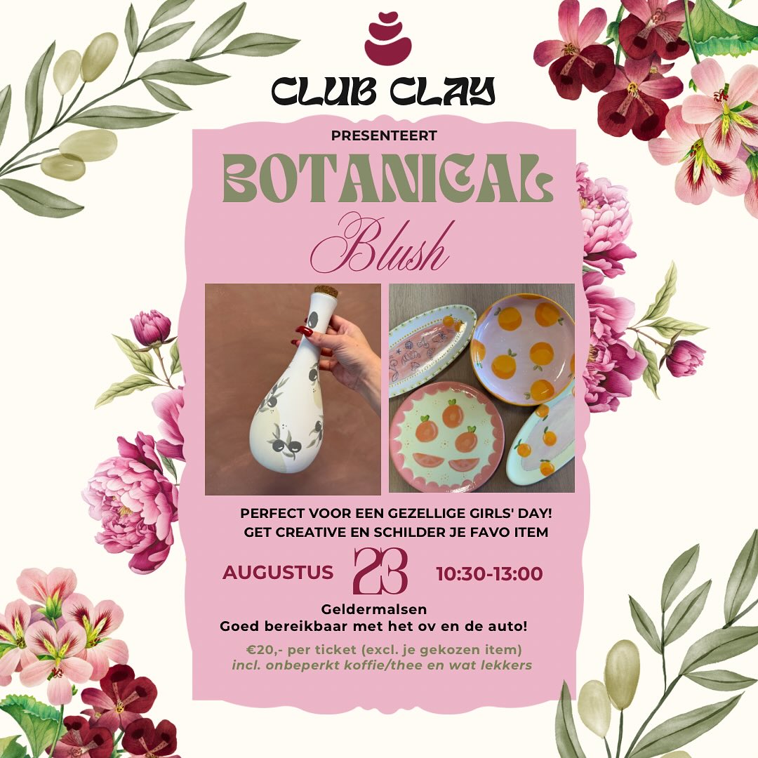 🌸✨ Nieuw thema: Botanical Blush
Denk zachte tinten, flower power vibes en een vleugje girly glow 🎨💕
En… er zijn nog maar 2 plekjes beschikbaar!
📅 Elke zaterdag bij Club Clay! Claim jouw spot via de website voordat ze weg zijn👀
#clubclay #botanicalblush #keramiekschilderen #vriendinnenuitje #laatsteplekken #paintandchill