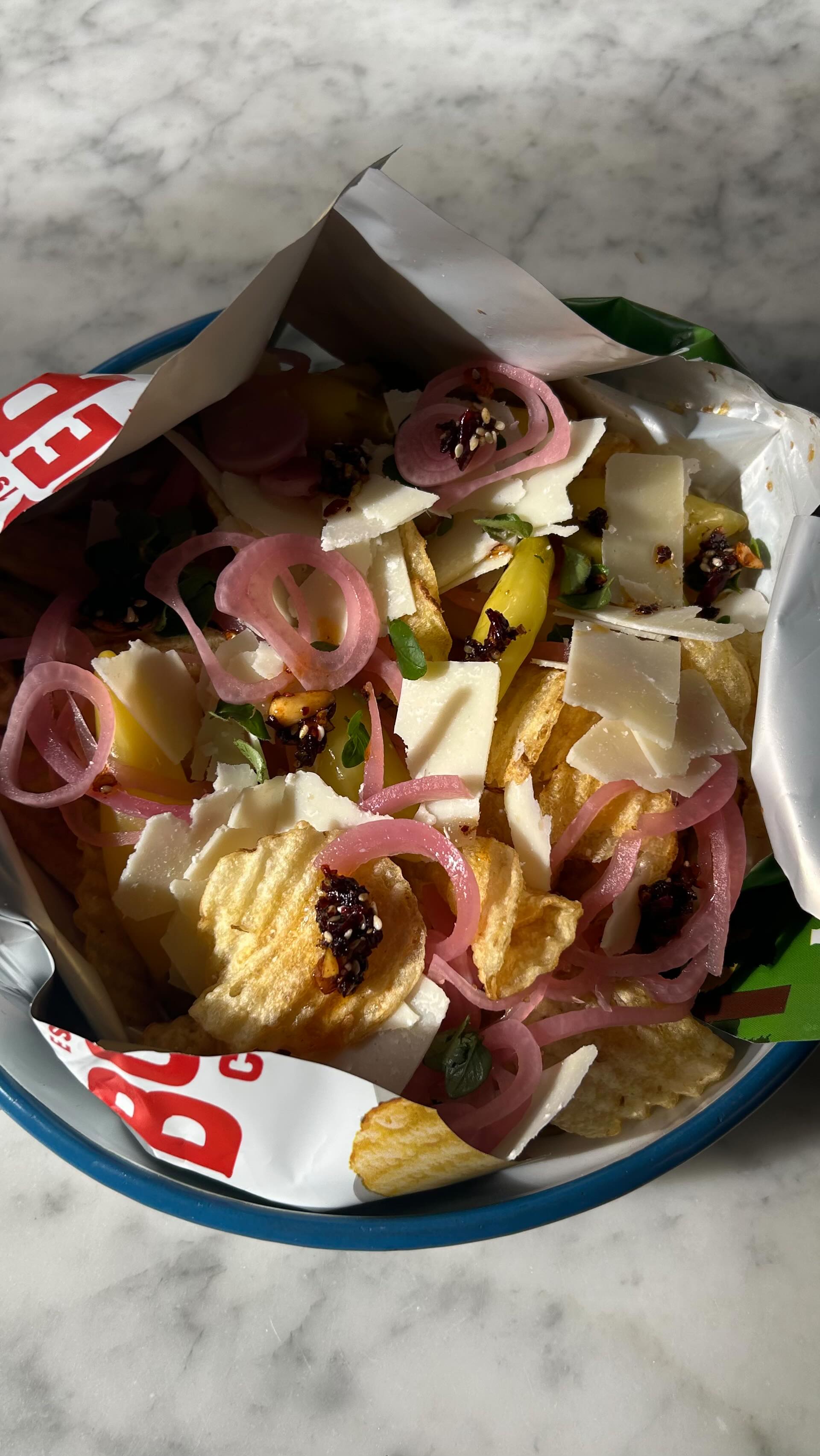 Sunday snack
Boulder avocado oil chips
Homemade crispy chilli & pickled red onion
Homegrown oregano
Pickled peppers
Reggiano parmigiano
