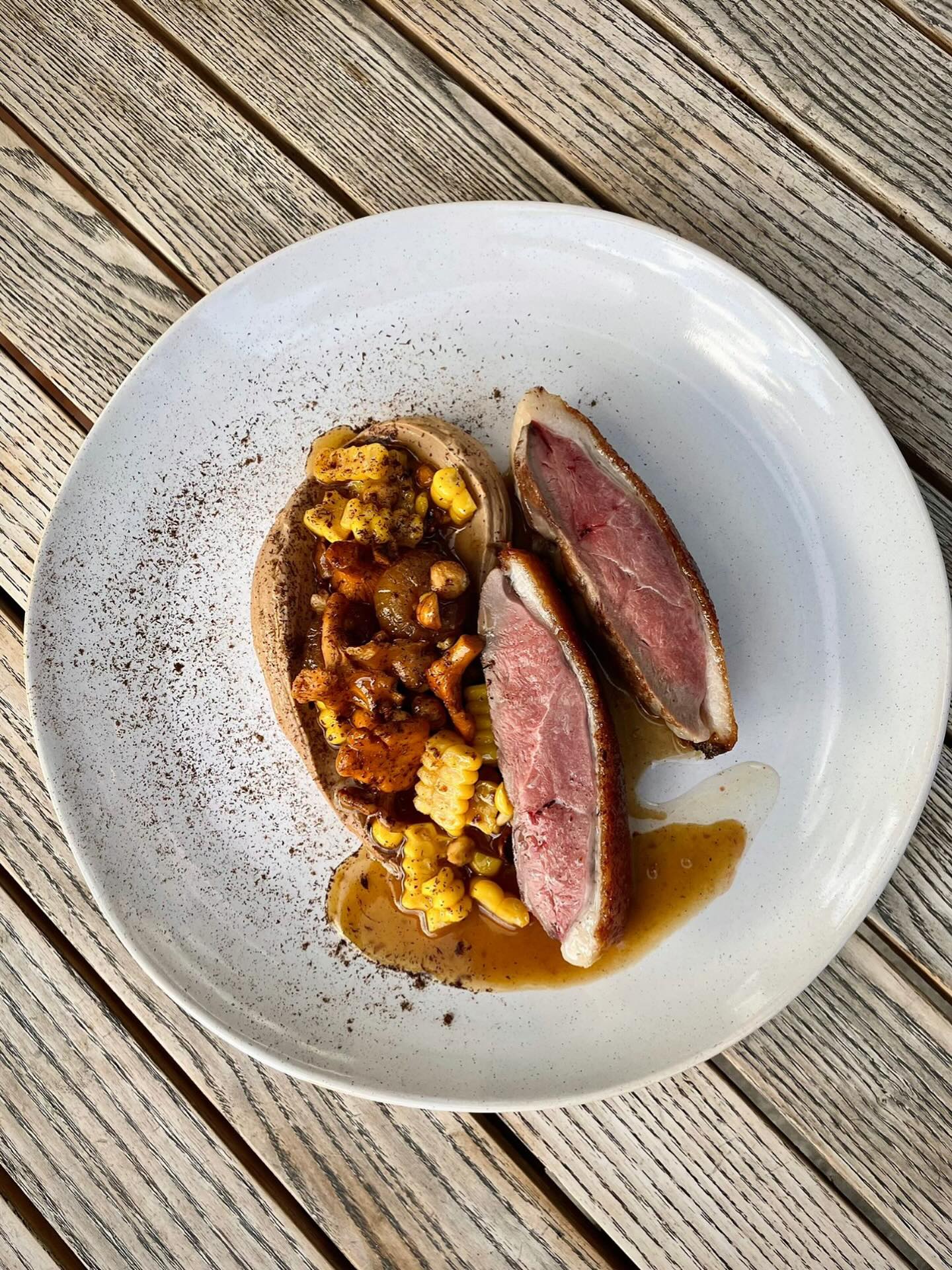 Duck breast, girolles, sweetcorn, confit onions