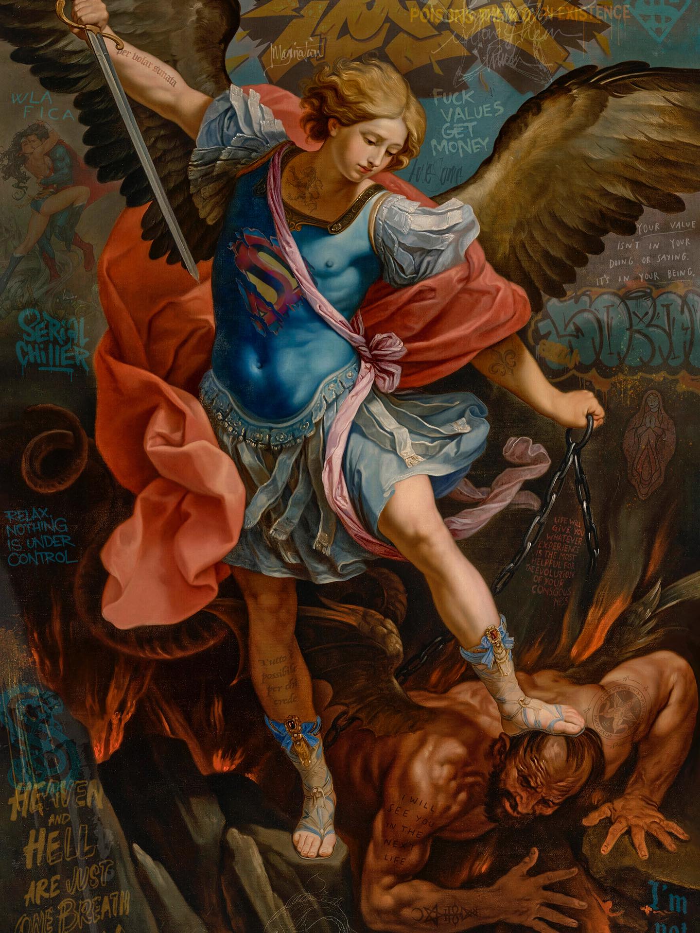 PER VOLAR SUNATA by Marco Battaglini.
Between heaven and hell, values and rebellion, the eternal struggle of humanity unfolds. Here, the angel is not only divine, he carries the marks of our time, armored with symbols of strength and contradiction. The work becomes a mirror: a reminder that freedom and truth are conquered within, when we dare to rise above illusion.
This is more than a painting — it is a timeless call to awaken.
What do you see in this clash of light and shadow?
#UrbanRenaissance #EternalStruggle #marcobattaglini