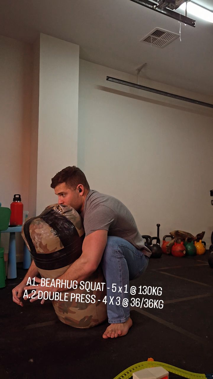 Yesterdays Session - 21ST AUGUST 2025
A1. SANDBAG BEAR HUG SQUAT - 5 X 1 @ 130KG
A2. DOUBLE MILITARY PRESS - 4 X 3 @ 36/36KG
B. BOTTOMS UP HOLDS - 24KG X 20SEC
C. CLUBBELL SHIELD CASTS - 2 X 10/10 @ 20KG
D. NECK WORK 2 SETS