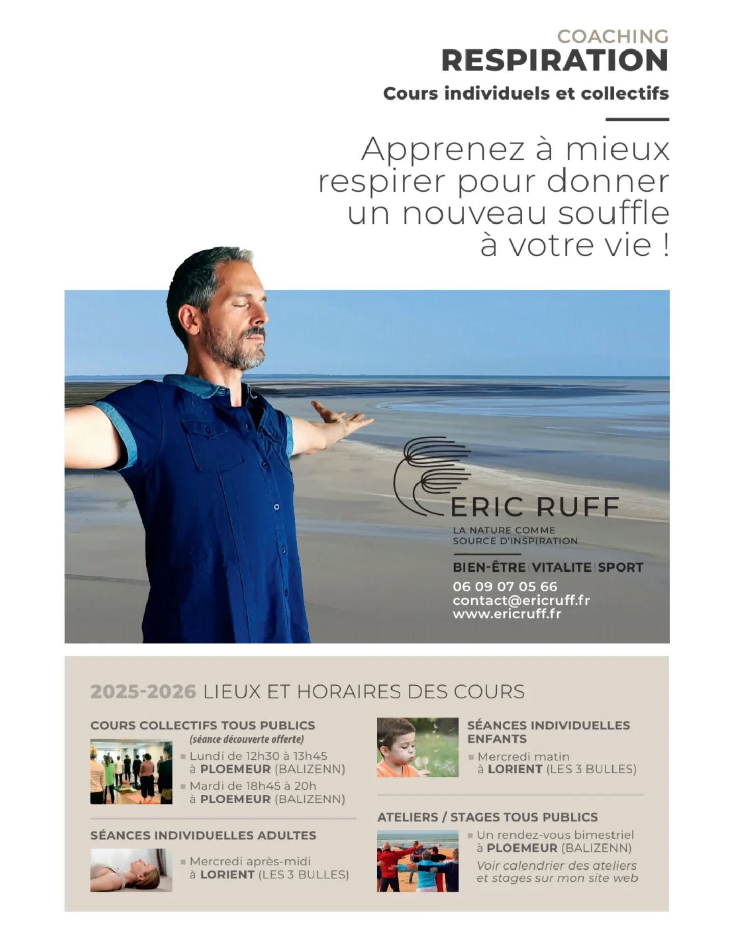 Bonjour à toutes et tous🌞,
Bel été à celles et ceux qui profitent de leurs vacances.
Un petit mot pour vous dire que les inscriptions aux cours collectifs de respiration sont ouvertes. Le tarif des cours reste inchangé pour l'année 2025 - 2026 : 130 € le trimestre et 80 € les 6 séances au choix durant le trimestre.
Le trimestre débute le lundi 15 septembre et se termine le mardi 16 décembre. Les horaires des cours sont les mêmes que précédemment : chaque lundi de 12h30 à 13h45 et chaque mardi de 18h45 à 20h00, hormis pendant les vacances scolaires où il n'y a pas cours. La fiche d'inscription est en ligne sur mon site web www.ericruff.fr rubrique "SEANCE" et les dates des cours dans la rubrique "AGENDA".
Au plaisir de vous revoir pour respirer ensemble ! 🌬😊
Éric Ruff
#respiration
#bienetre
#coaching
#inspiration
#expiration
#ploemeur
#guidel
#Lorient
#balizenn
