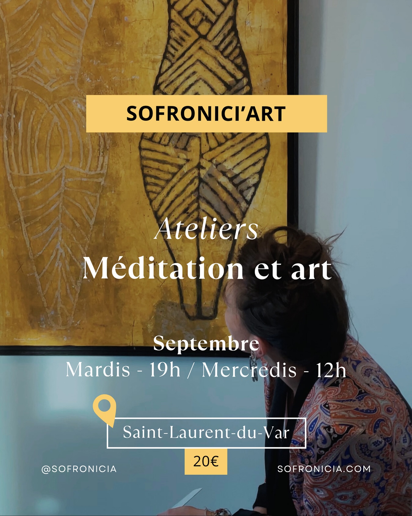 Suite au succès de notre premier vernissage Sofronici’Art en juin dernier, nous avons le plaisir de vous inviter à nos premiers événements autour de l’art et de la méditation au sein de notre école de sophrologie. 🧘🏻🖼️✨
L’art apparaît au paléolithique supérieur, en même temps que la conscience de l’homme moderne. Les premières représentations sur les parois rocheuses attestent d’une certaine présence au monde et d’une manière d’être en relation avec lui.
À la rentrée, SOFRONICI’ART vous propose de plonger dans l’univers de Stella Erbibo et Bernard Remusat, maître de l’estampe.
Les œuvres exposées seront autant de sujets de méditations qui nous permettront de découvrir comment le monde prend forme en nous-même et la manière dont nous pouvons en découvrir le sens caché.
Entre intuition, sentiment et perception découvrez les capacités de votre conscience profonde.
Informations pratiques :
- Dates : En septembre, tous les mardis à 19h / Tous les mercredis à 12h
Mardis 2, 9, 16, 23, 30 septembre de 19h à 20h30
Mercredis 3, 10, 17, 24 septembre à 12h à 13h30
- Durée : 1h30
- Lieu : Sofronicia, 40 Bd Jean Ossola, 06700 Saint Laurent du Var
- Tarif : 20€ /séance
Inscription obligatoire, places limitées
📧 ecole@sofronicia.com
📞 06 84 70 51 29
🖥️ www.sofronicia.com
#sofronicia #formationsophrologie #sophrologienice #sophrologiecaycedienne #devenirsophrologue #devenirsophrologuenice #sophrologiepaca #sophro #formationsophrologue #sophrologie #sophrologue #meditationetart