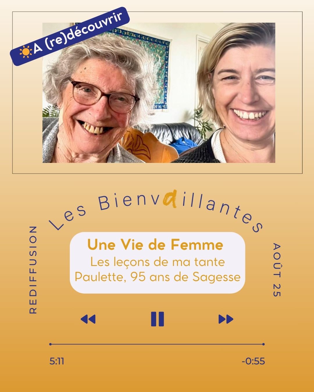 Et si, cet été, on prenait le temps d’écouter celles qui nous ont précédées ?
Dans cetépisode des BienVaillantes, je t’invite à un moment suspendu avec Paulette, ma grande-tante de 95 ans.
Une femme extraordinaire, mémoire vivante d’une époque où la vie des femmes était bien différente de la nôtre.
Avec sincérité et émotion, elle nous parle :
✨ de son couple et de sa vie de famille,
✨ des petits secrets du bonheur au quotidien,
✨ de la place des femmes et des combats traversés,
✨ et de l’art d’apprécier le présent, même au milieu des épreuves.
Cet été, j’ai choisi de rediffuser cet épisode qui vous a tellement touchées.
Parce qu’il nous rappelle que le courage, l’amour et l’authenticité sont des trésors intemporels. 💛
🎧 Écoute ☀️ À (re)découvrir cet Été : La vie de Paulette
👉 Le lien est en bio ou disponible sur toutes les plateformes d'écoute: Apple Podcast, Spotify, Deezer, Amazon music, Youtube,...
#lesbienvaillantes #podcastfemme #memoirevivante #transmission #femmeinspiree #courageetamour #developpementpersonnel #equilibredeVie #epanouissementfeminin #histoiresdefemmes