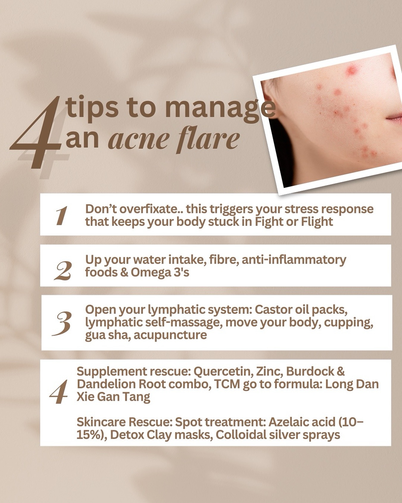 Flare ups are frustrating, but they’re a normal part of the healing journey. How you care for your body during this time makes all the difference.
1️⃣ Stress less
Overthinking every spot keeps your body stuck in fight-or-flight. Stress hormones like cortisol trigger more oil production and inflammation, fuelling further breakouts. Nervous system regulation and taking the pressure off yourself (and your skin) is key.
2️⃣ Nourish inside
Hydration, fibre and anti-inflammatory foods help flush waste and balance blood sugar. Omega-3s reduce systemic inflammation, calming red and painful acne.
3️⃣ Get things moving
When your lymphatic system is stagnant, inflammation lingers under the skin. Castor oil packs, gua sha, cupping, gentle exercise or acupuncture can boost flow and speed up healing.
4️⃣ Rescue plan
Supplements like Quercetin, Zinc and Burdock & Dandelion Root reduce inflammation and support detoxification. In TCM, Long Dan Xie Gan Tang is a go-to for clearing damp-heat. Topically, reach for azelaic acid, a gentle clay mask or colloidal silver spray to calm and reset.
➡️Flare ups aren’t setbacks, they’re signals your body needs extra support.
#acne #acneproneskin #acnetips #acneflare #holisticskincare #acnejourney #skintips #skincarecommunity #naturalskincare #hormonalacne #tcm #naturopathy #acnetreatment #skinhealing #acneawareness #acnesupport