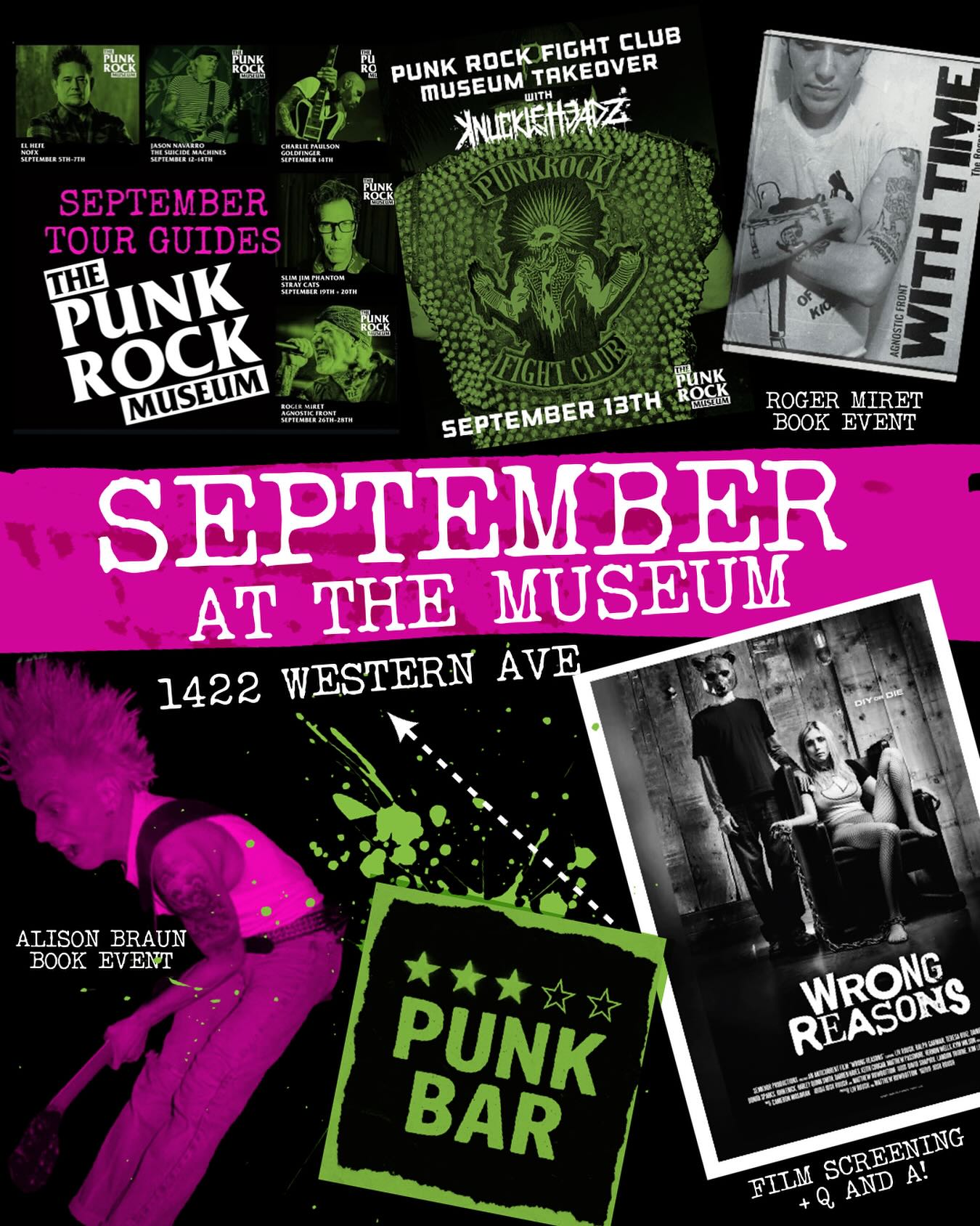 Here’s some of the things happening at @thepunkrockmuseum in September:
We’ve got an action-packed month ahead, including:
- An incredible lineup of tour guides!
- Greg Norton + BÜDDIES & YOU! Celebrate 40+ years of HÜSKER DÜ tunes in the bar 9 pm - 11 pm, on September 9th.
- A Knuckleheadz takeover
on September 13th.
-The relaunch party for our newly renamed bar: Three Star Punk Bar
on September 19th.
-A film screening of The Wrong Reasons, followed by a Q&A with very special guests
on September 20th.
-Two book events: one with Roger Miret on September 27th and another with Alison Braun
on September 27th.
A curated side stage of local Vegas bands at the Zombie Rumble Festival on September 28th.
More details go to www.thepunkrockmuseum.com