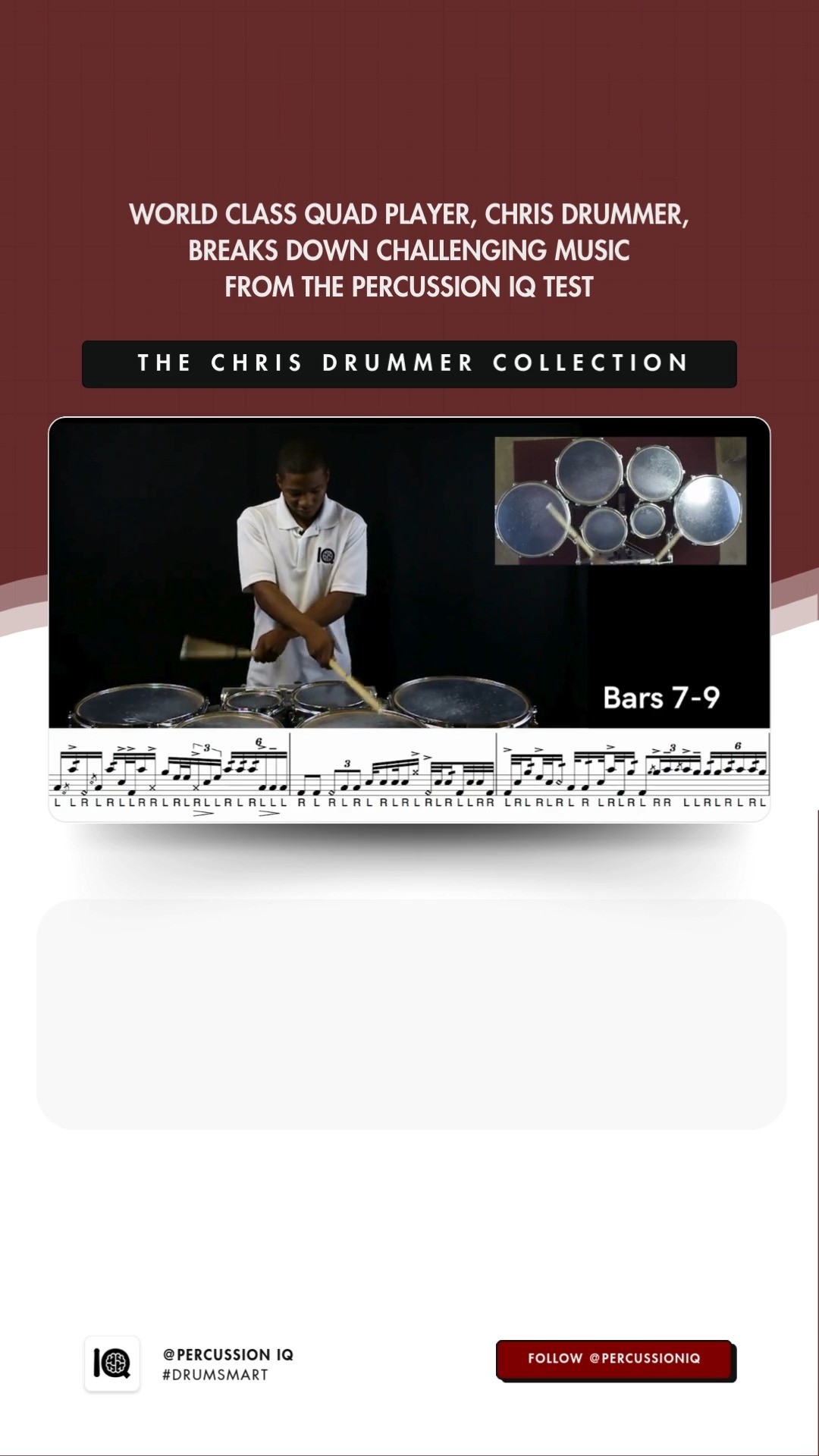 Here’s a clip from the Period 2 2017 Assessment Piece breakdown with Chris Drummer. This is what it’s like learning challenging beats with the best!
Learn previously archived IQ Test music with bar-by-bar guidance from Chris Drummer. You’ll get access to the P2 2017 quad beats (5 assessments + the Assessment Piece) and the full 16-minute, follow-along breakdown of the Assessment Piece with Chris.
Chris Drummer is a decorated, world-class performer and educator. He has marched with the Blue Devils, RCC Indoor, and Pulse Percussion and a multiple-time I&E champion.
PURCHASE THIS PACKAGE:
Visit the link in our bio and select “The Chris Drummer Collection”
WANT TO KNOW MORE?
Learn more at the link in our bio!
#drumsmart #iq #percussioniq #snare #quad #percussionist #wgi #dci #indoordrumline #drumline #drum #drumcorps #music #marchingarts #drummunity #marchingpercussion #marching #snaredrum #tenordrums #marchingsnare #bandsofamerica #percussioneducation