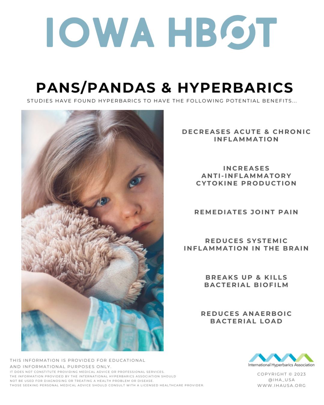 Check out this blog on PANDAS/PANS & Hyperbarics: https://www.iowahbot.com/post/pandas-pans-and-hyperbarics
Studies have found that Hyperbaric Oxygen Therapy (HBOT) may offer potential benefits for PANDAS/PANS such as:
- Decreasing acute & chronic inflammation
- Increasing anti-inflammatory cytokine production
- Remediating joint pain
- Reducing systemic inflammation in the brain
- Breaking up & killing bacterial biofilm
- Reducing anaerobic bacterial load
Call us at 515-421-4018 to schedule a complimentary consultation.
#IowaHBOT #HyperbaricOxygenTherapy #DSMUSA #DesMoines #Iowa #PANDAS #PANS #HBOTHealing #Neuroinflammation #HealingWithOxygen