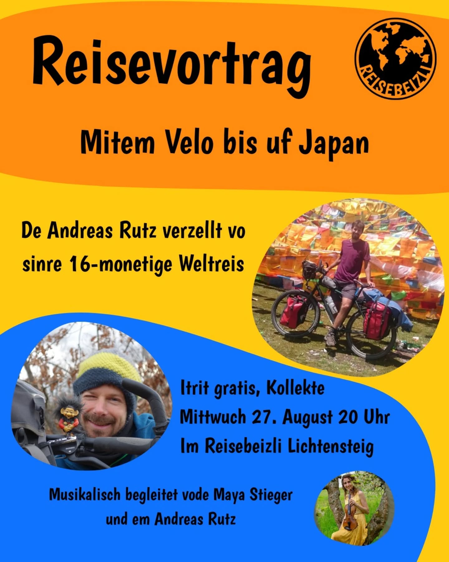 Nögst Mittwuch! Houuu da wird en gaanz en spannende Vortrag. De Andreas Rutz isch mitem Velo bis uf Japan gfahre und het eiiniges devo zverzelle... Dezue chunt dasser mit de Maya Stieger ade Giige das ganze musikalisch undermolt... Che beelllo!
#reisebeizli #lichtensteig #RathausfürKultur #gnüsse #offä #Bier #Wein #Aperitif #Summerbar #Foodtruck #Reisefüdli #wowtoggenburg #gemeindelichtensteig #toggenburg #wiefunktioniertdamitdänehäshtägs #keiahnig #hörejetztufdemit