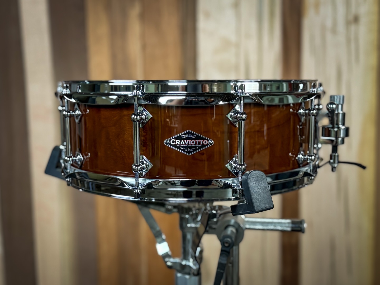 Custom Shop 5x14 Cherry, with 45 degree bearing edges, and finished in Dark Walnut Candy lacquer.