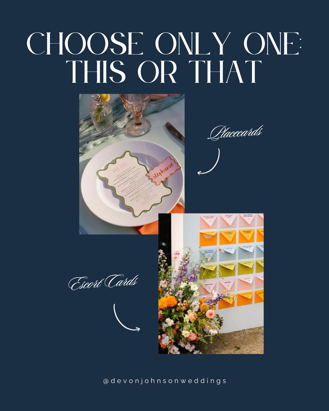 Time for another “This Or That” round with place cards or escort cards!
I will say these aren’t mutually exclusive as sometimes you need both an escort card and a place card when doing assigned seating. But the fun of the game is figuring out if you could only do one, what would you choose? 😏
Personally, I love an escort card because it can bring a fun little event for guests and can be a note of personalization for the couple depending on how creative they want to get with it.
However, I love both as place cards can feel very personalized and add an elegant flair to your special day!
What would you choose?
#weddinginspo #weddingvibes #weddings #weddingplanner