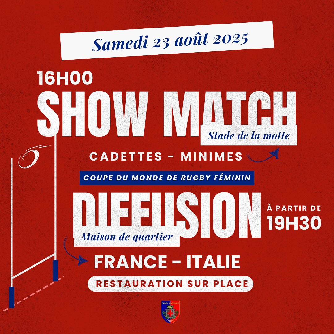 ROP | Rugby féminin
🗓️ Samedi 23 août 2025
🏉 16h – Stade de la Motte
Venez encourager nos cadettes et minimes lors d’un Show Match placé sous le signe du fair-play et de la passion.
Un beau moment pour soutenir la relève 💪💪🏼💪🏾
📍 59 Rue Marcel Cachin, 93000 Bobigny
📺 19h30 – Maison de Quartier
On se retrouve pour la diffusion du match France 🇫🇷 – Italie 🇮🇹, dans le cadre de la Coupe du Monde de Rugby Féminin.
Une belle occasion de vibrer ensemble devant un grand rendez-vous sportif ✨.
📍 1 Av. Aimé Césaire, 93500 Pantin
📢 Lors de notre évènement, l’Association Ballynémoise de Solidarité pour le Sénégal (A.B.S.S.) sera présente pour assurer la restauration 🍴.
👉 Au menu : plats traditionnels, gâteaux et jus maison 🇸🇳✨
💯 Tous les fonds récoltés seront reversés pour soutenir des actions solidaires au Sénégal.
➡️ Sport, convivialité et ambiance assurée : on vous attend nombreux !
#rugbypourtous #touspourpantin
