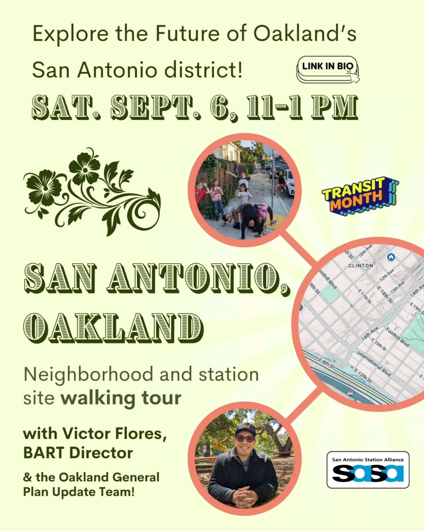 Explore the Future of San Antonio! 🚶♀️🌳🚈
Join us for a special walking tour awarded by the Oakland General Plan update team! Discover how transportation, green spaces, infrastructure, and zoning shape our neighborhood. Share your vision for the future!
Date & Time: September 6th, 11 AM - 1 PM
Starting Point: Xochi Cafe
End Point: San Antonio Park
Your Voice Shapes Our Future!
This is a once-in-a-generation opportunity to connect with the Oakland General Plan update team and provide feedback on the future of our community. We'll explore how these crucial elements work together and impact your daily life.
Meet the Experts
Hear from BART Director Victor Flores, Rev. James Polk, and Urban Planner Gordon Douglas as we discuss key issues and opportunities in our neighborhood.
What We'll Explore (Part 1: Transportation & Development)
Connecting San Antonio: Transit & Growth 🚈🏘️
We'll discuss the vital need for a BART/regional rail station in the San Antonio district and explore opportunities for thoughtful community development, including housing and retail.
Vision: Imagine vibrant, pedestrian-friendly streets that are safe and accessible for everyone.
Reconnecting to Our Waterfront 🌊
Let's address the challenge of being separated from the waterfront by the highway. We'll discuss potential solutions and the benefits of better access and connection to this valuable resource.
Join the Conversation! 🎉
The tour starts at Xochi Cafe and ends near the basketball courts in San Antonio Park. Enjoy engaging discussions and connect with your neighbors. Catering will be provided at the end!
@oakland
@san.antonio.neighbors.alliance
@seamlessbayarea
@victorflores_bart
#transitmonth #walkoakland #oaklandgeneralplan #sanantoniostation #urbanplanning #designoakland #99percentinvisible