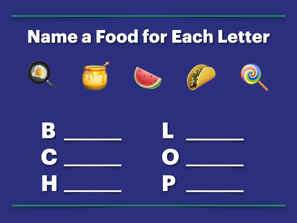 Daily warmup! Can you name a food for every letter?
#warmups #learnenglish #studywithme #studytime #wordgame #aprenderingles