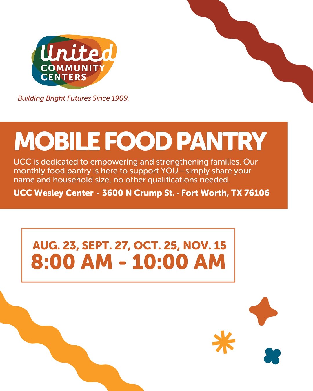 🥫 🍎 Need a little extra support this month? Our Mobile Food Pantry is here for YOU on Saturday, August 23rd at the Wesley Center.
Simply share your name and household size—no other qualifications needed—to receive fresh, nutritious food for your family.
📍 Wesley Center
🕗 Food distribution for families: 8–10 AM
#FightingHungerTogether #CommunitySupport #UCCFortWorth