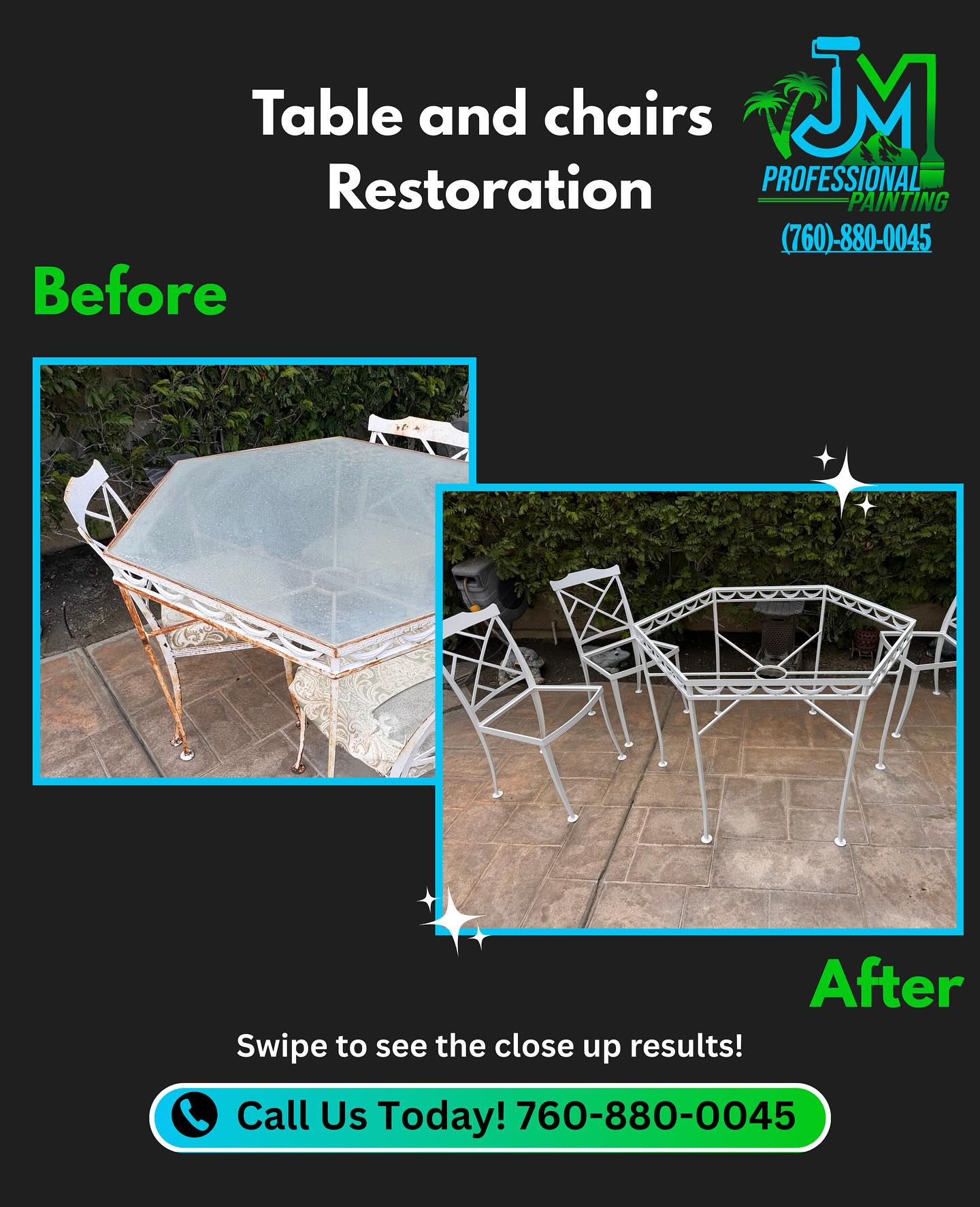From rusty to refreshed ✨🙌 JM Professional Painting brings your outdoor furniture back to life! Check out this table & chair set—completely restored and looking brand new. 💯
📞 Call us today at (760) 880-0045 to give your furniture a fresh start!
#palmsprings #laquinta #palmdesert #cathedralcity #deserthotsprings #coachellavalley #professionalpainting #paintingservices #handyman #furniturerestoration