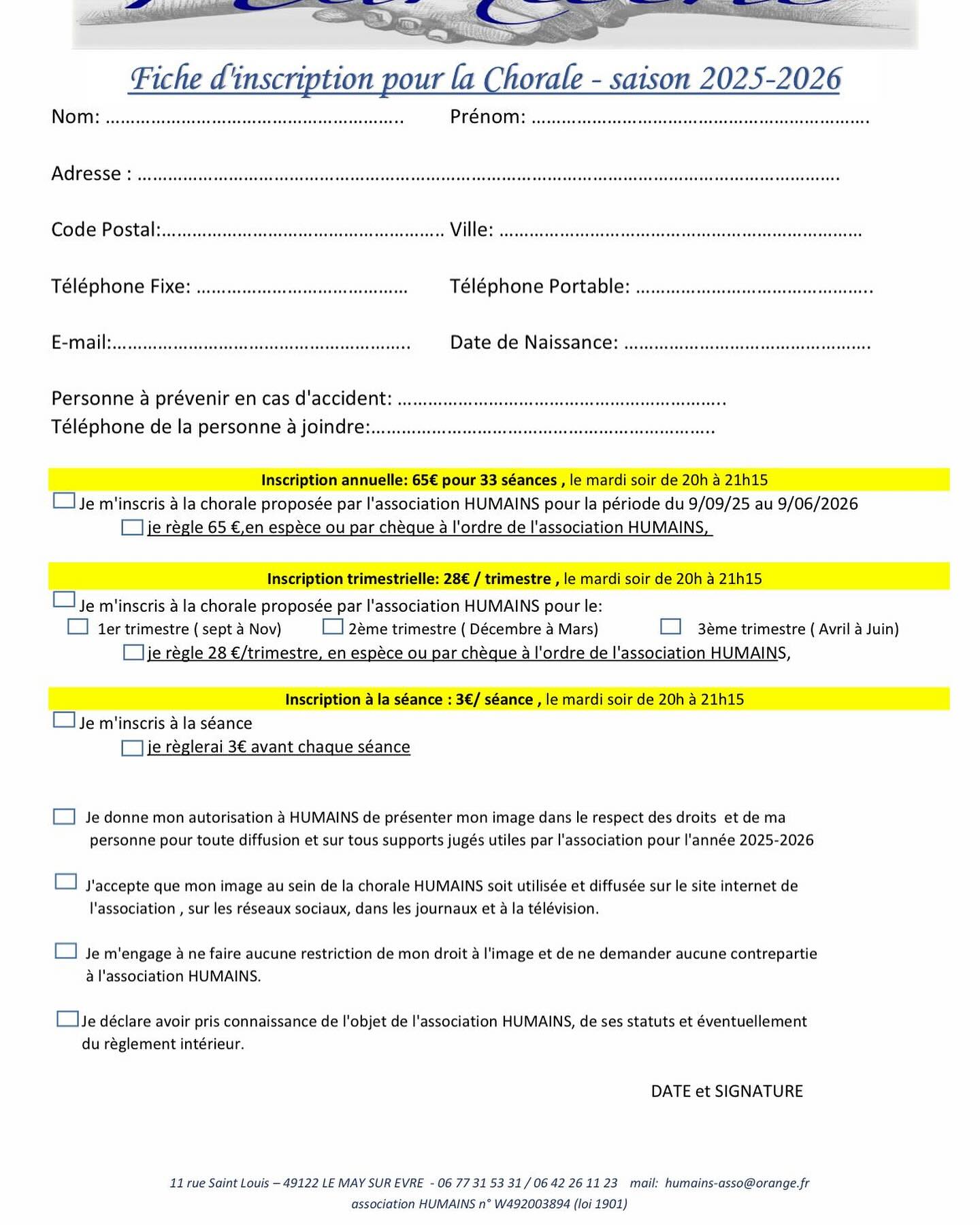 Bonjour à toutes et à tous,
Après une pause estivale bien méritée, la chorale HUMAINS fait sa rentrée dès le 9 septembre !
Vous êtes tous les bienvenus pour rejoindre cette belle aventure vocale.
Pour vous inscrire, rien de plus simple : il suffit de venir aux séances d’inscription prévues le 26 août et le 2 septembre de 19h à 20h, à la salle Jean FERRAT.
🔹 Vous ne pouvez pas venir aux dates proposées ?
Pas de souci !
- Il sera possible de vous inscrire directement lors des répétitions.
- Ou bien vous pouvez remplir le formulaire et le déposer, accompagné du règlement, à l’une des adresses suivantes :
Chez Sandra et Nico
11 rue Saint Louis
49122 Le May-sur-Èvre
Chez Nathalie
16 rue Pierre de Ronsard
49122 Le May-sur-Èvre
🎶 Appel à musiciens !
Nous sommes aussi à la recherche de musiciens pour compléter, soutenir ou enrichir notre fabuleuse équipe musicale. Si vous êtes intéressé(e) ou si vous connaissez quelqu’un, faites-nous signe !
Alors n’hésitez pas à venir nous rejoindre, et à faire passer le mot autour de vous. Plus on est de fous, plus on rit, et plus on chante !
A très bientôt,
L’équipe HUMAINS
#lemaysurevre #stanydol #chanter #bonheur❤️