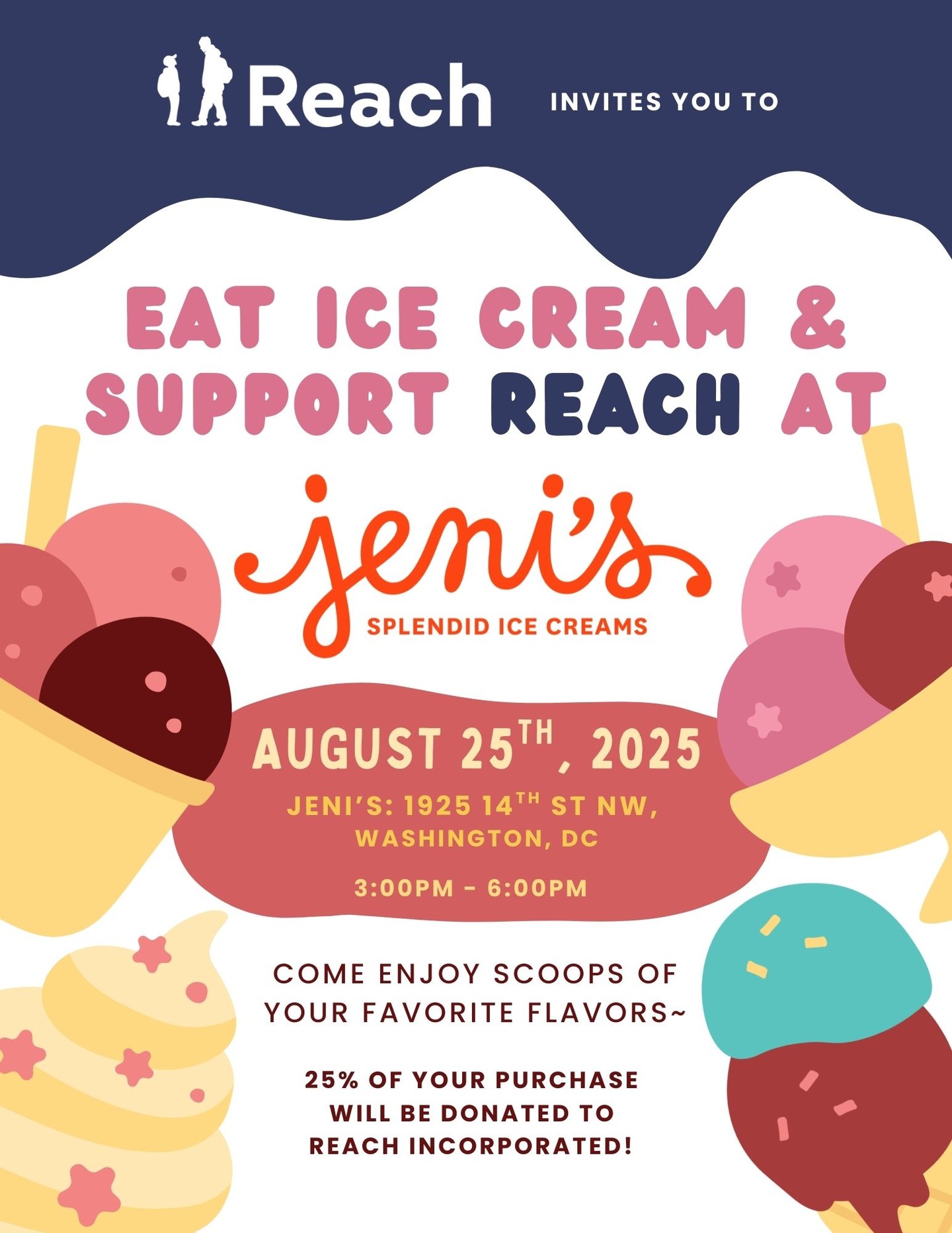 Celebrate the first day back to school for DC students with a sweet treat that gives back!
On Monday, August 25, from 3:00–6:00 PM, Reach Incorporated invites you to stop by Jeni’s Ice Cream on 14th Street NW. Thanks to a sweet partnership, 25% of all proceeds during this time will be donated to Reach in support of DC youth literacy.
Here's the scoop:
📍 1925 14th St NW, Washington, DC
📅 Monday, August 25 | 🕒 3–6 PM
No need to RSVP — just grab a scoop and support a great cause! 🍨✨#ReachReads #DCBackToSchool #JenisIceCream