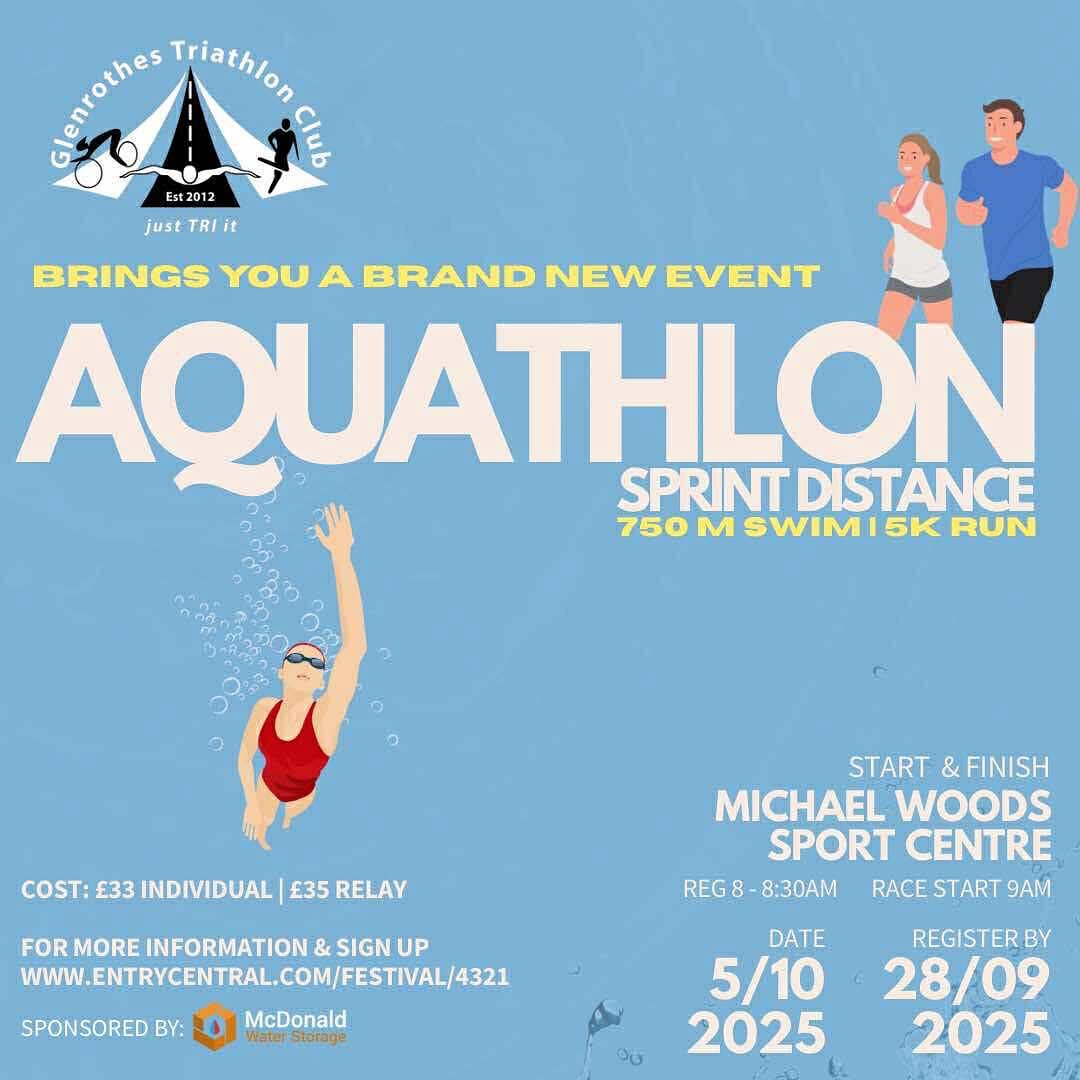 🏊♂️🏃 GTC Aquathlon – FAQs
📅 When is it?
Sunday 5th October 2025
📍 Where is it held?
Michael Woods Leisure Centre, Glenrothes
💦 How does it work?
You’ll swim 30 lengths (750m) in the pool, head straight into transition, then run 5K before crossing the finish line on the athletics track.
👥 Who can enter?
Open to all abilities – from first-timers to seasoned triathletes. You just need to be comfortable swimming 750m in the pool.
🕒 What time does it start?
Registration is 8-8:30 | Race Briefing is 8:45 | Race Start 9am.
🎽 What kit do I need?
• Swimsuit/trisuit and goggles for the pool swim
• Running shoes and kit for the 5K run
• Optional: race belt for your number
🏆 Is it competitive?
Yes and no – some race for times, others for fun! Prizes for top finishers, but everyone gets the buzz of crossing the line on the track.
🤝 Can beginners take part?
Absolutely! It’s one of the friendliest multi-sport events, and a great introduction to triathlon-style racing.
📲 How do I enter?
Entry link is available via Entrycentral:
GTC Aquathlon - EntryCentral
spaces are limited, so don’t wait!
✨ Why do it?
• Supportive and welcoming atmosphere
• Unique track finish for a brilliant race-day photo
• Great way to challenge yourself this autumn