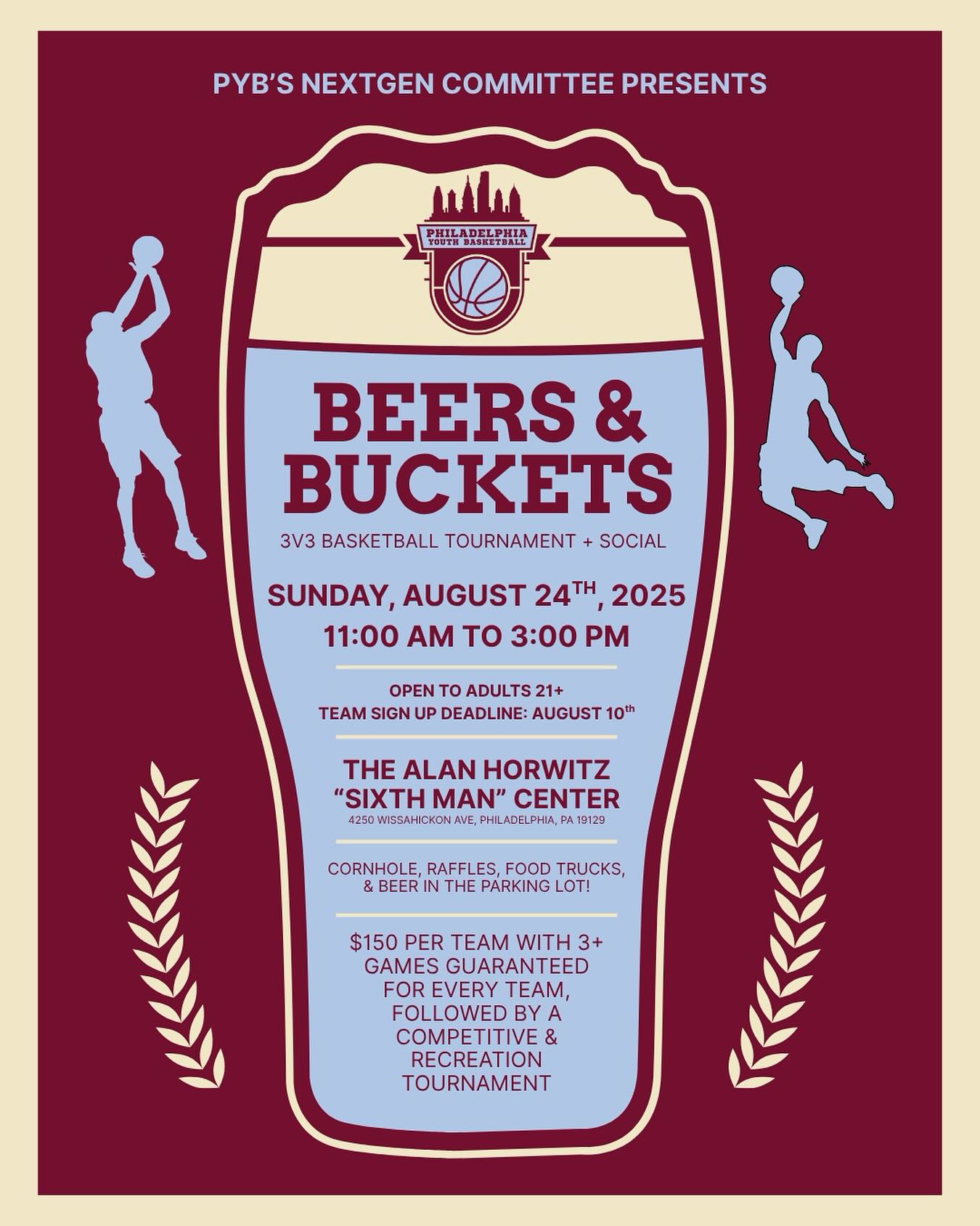 One of the Everett Beauregard Foundation’s partners, Philadelphia Youth Basketball (@phillyyouthbasketball), with whom Everett volunteered, is hosting a Beers & Buckets event on Sunday, August 24th from 11:00 a.m. to 3:00 p.m. at The Alan Horowitz “Sixth Man” Center.
Please consider attending as PYB is an organization that has served over 1,640 unique young people through a diverse range of basketball and non-basketball programs.