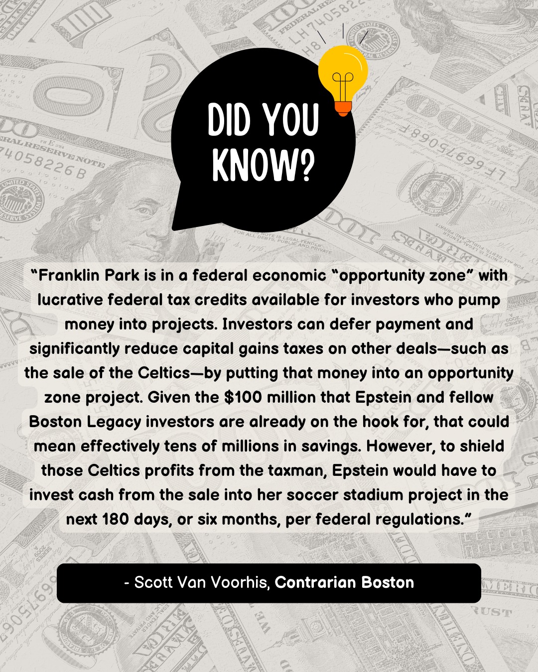 This ISN'T just about soccer. It’s about tax shelters. The White Stadium “partnership” has become a way for wealthy investors to park profits and avoid taxes—while Franklin Park, a public treasure, gets handed over in the process.
Franklin Park Defenders believe:
🌳 White Stadium should remain 100% public.
👩🏾🤝👨🏽 The community deserves investment without strings attached.
⚖️ Public land should not be leveraged for private tax loopholes.
We continue to stand firm: No privatization of Franklin Park. No stadium deals that trade our public space for investor tax breaks.
#FranklinParkForAll #PublicNotPrivate #WhiteStadium